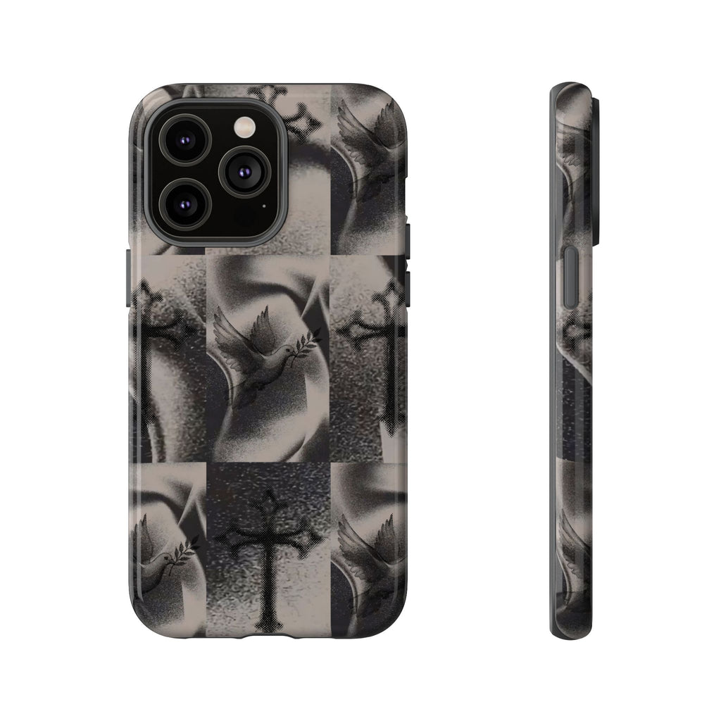 Gothic Cross & Dove Phone Case — Moody Checkerboard Protective Case