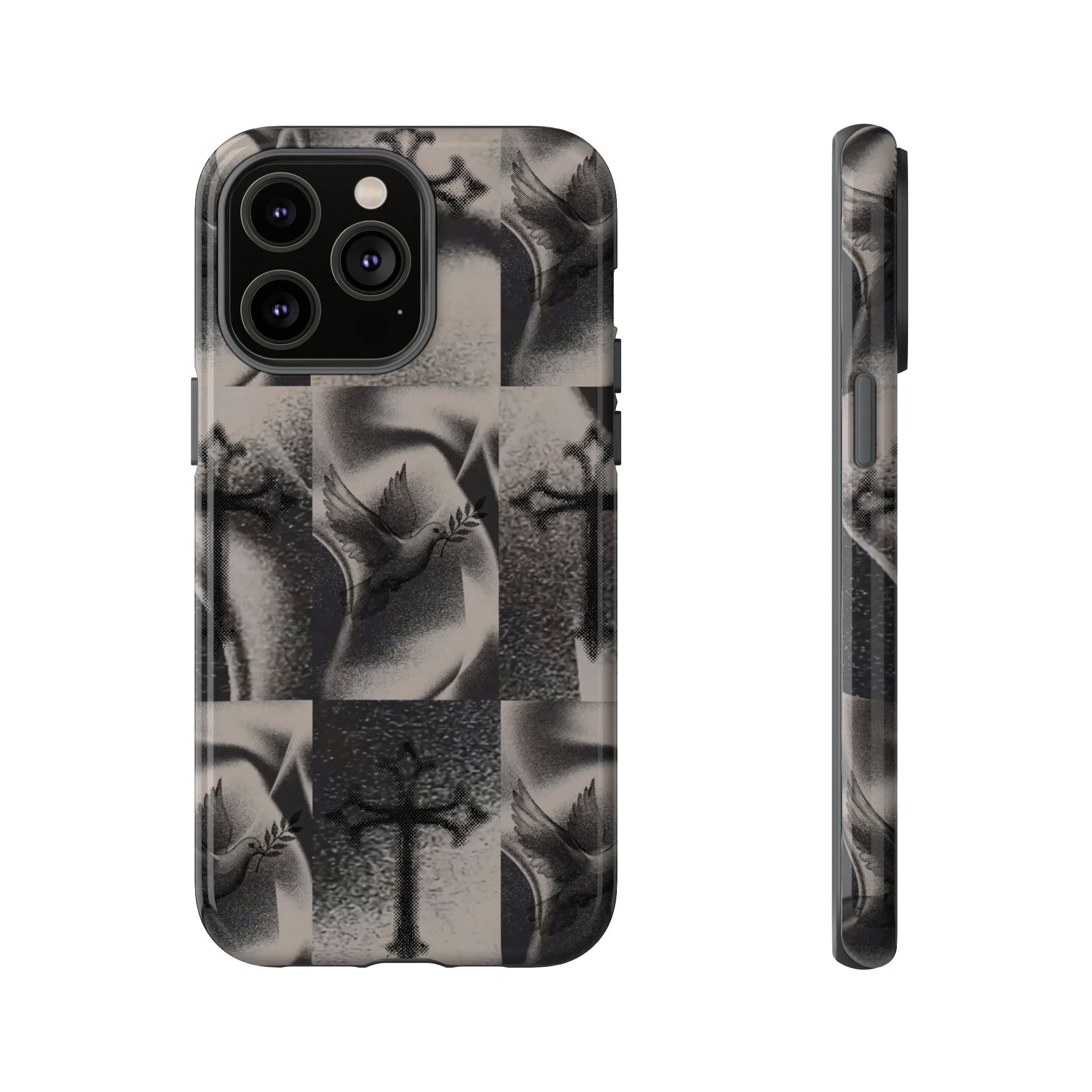 Gothic Cross & Dove Phone Case — Moody Checkerboard Protective Case