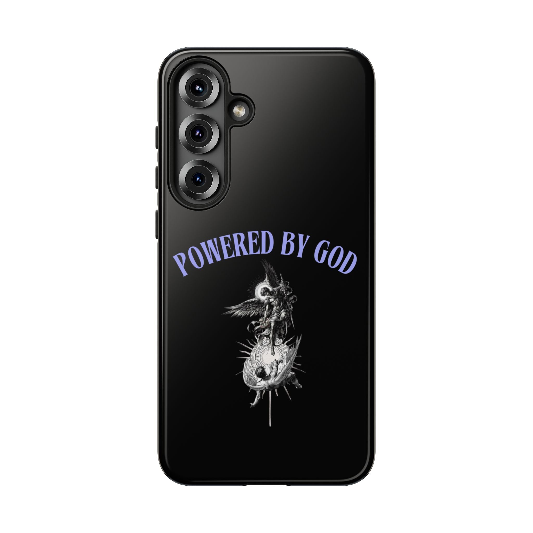Phone Case — "Powered by God" Black Protective Case with Angelic Skull Design