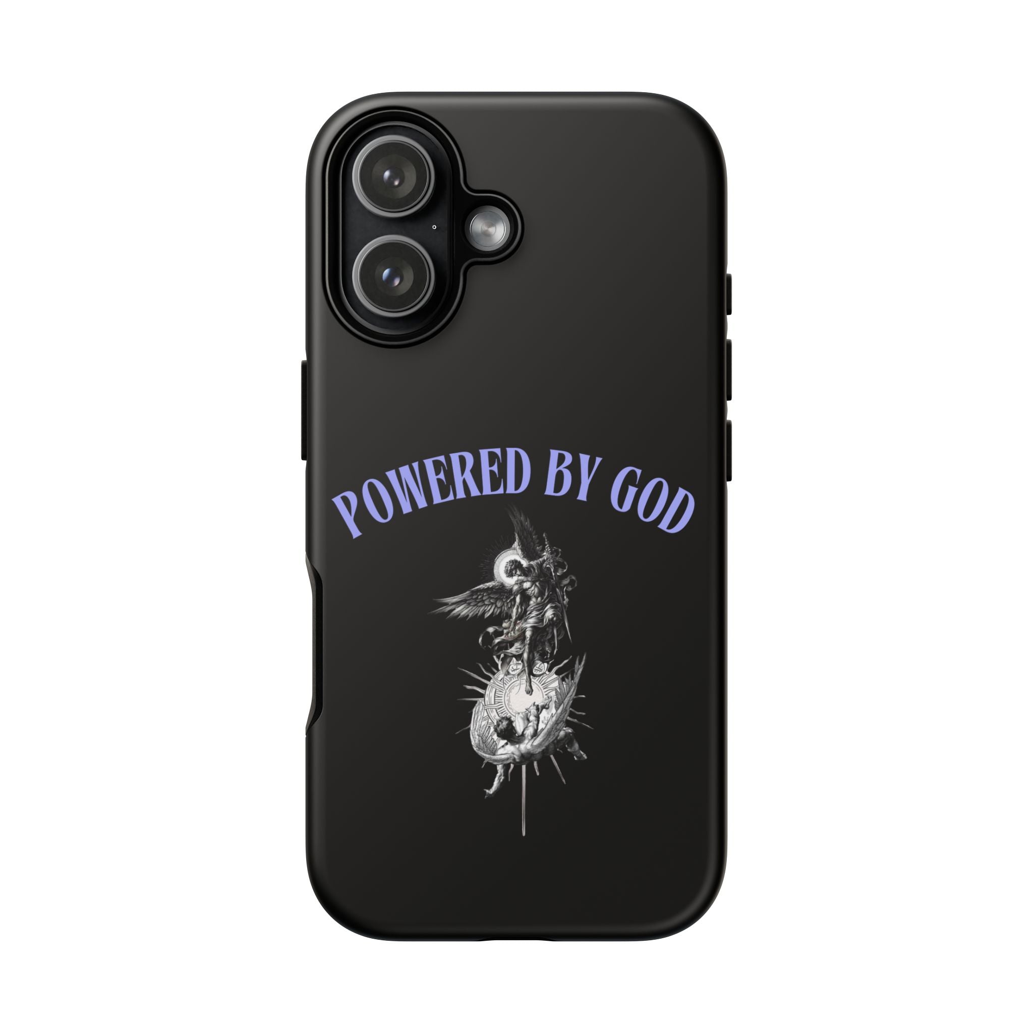 Phone Case — "Powered by God" Black Protective Case with Angelic Skull Design