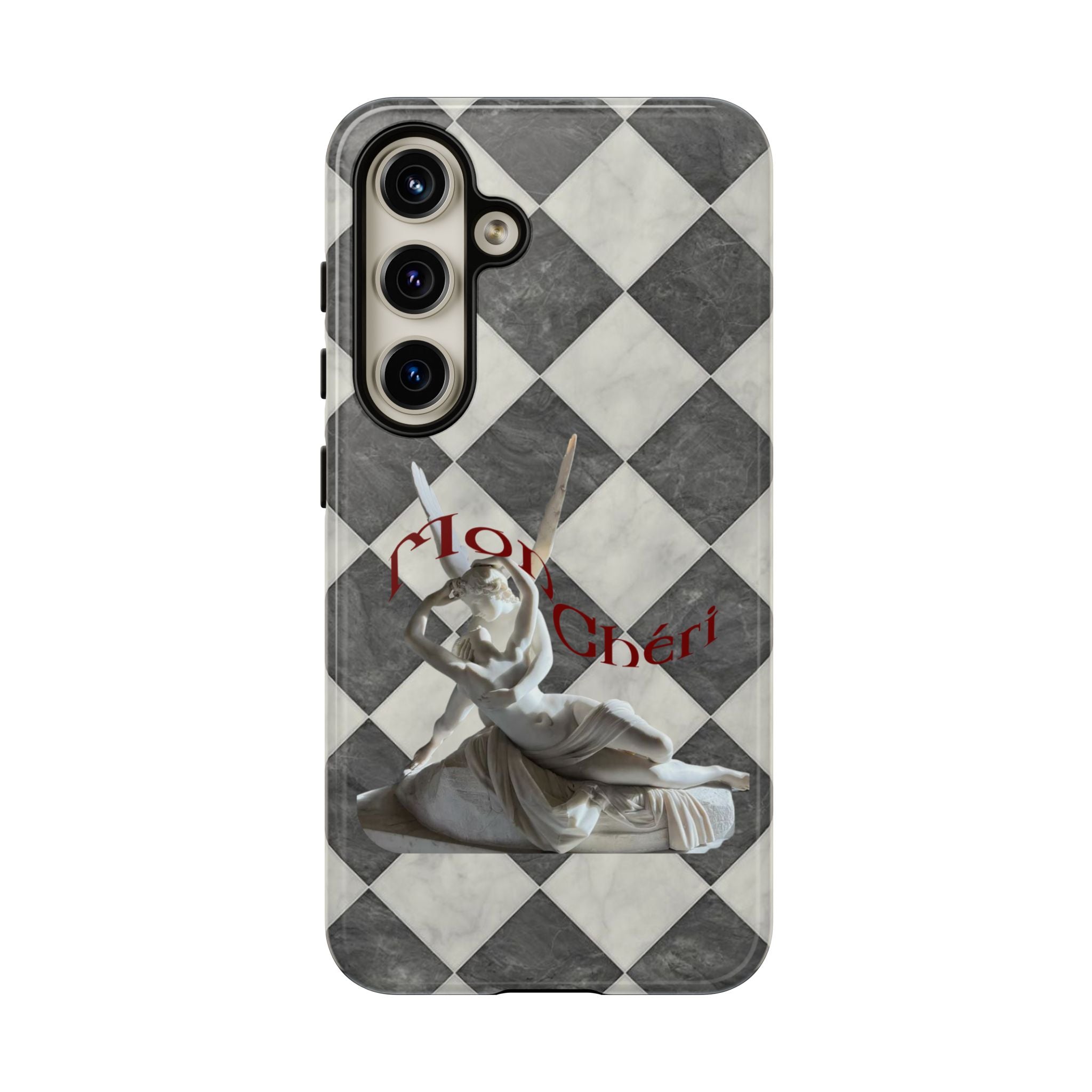 Phone Case — Vintage Harlequin Design with 'Mon Cheri' Statue Accent