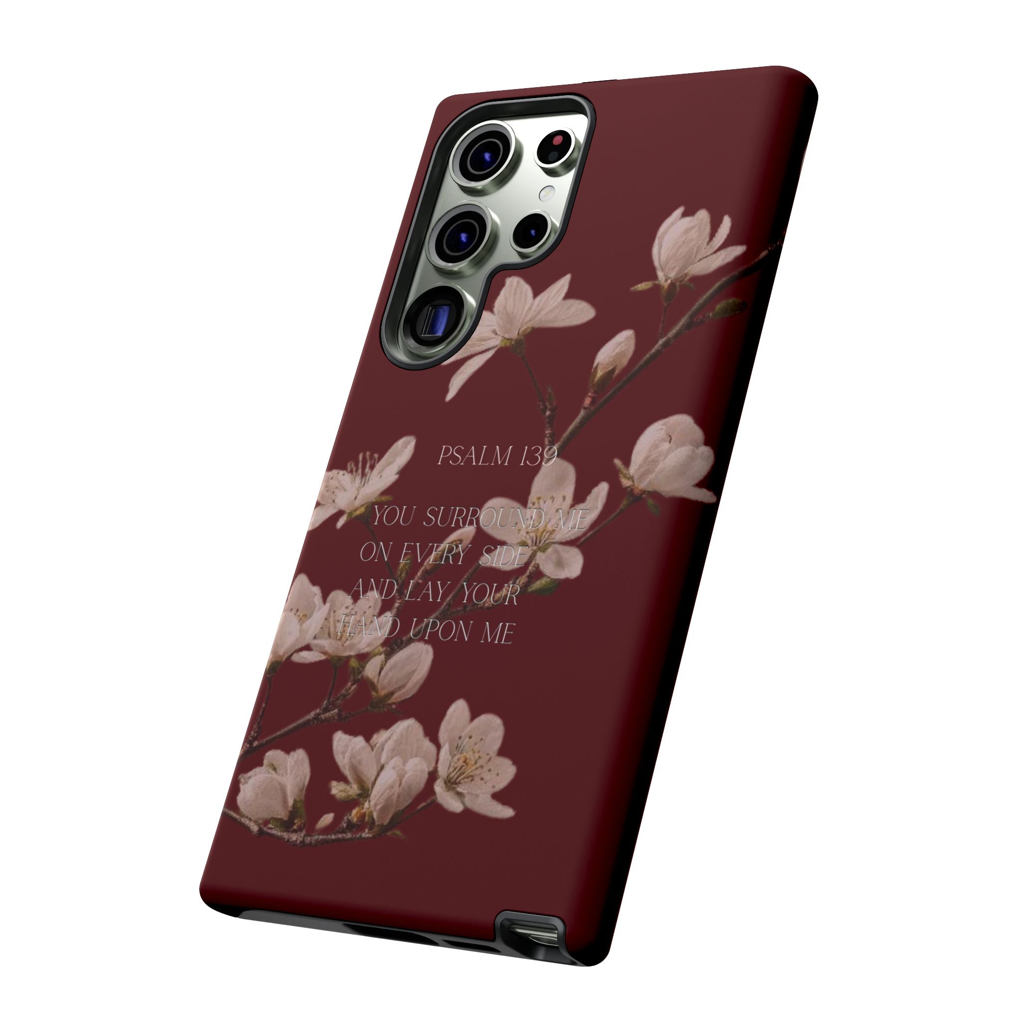 Floral Psalm Tough Phone Case — Burgundy Magnolia Branch with Psalm 139 Verse