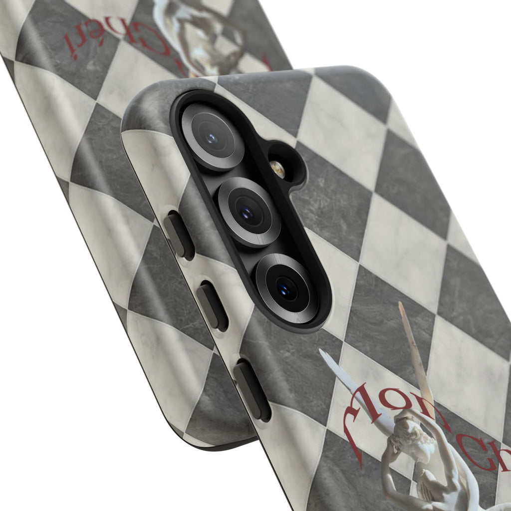 Phone Case — Vintage Harlequin Design with 'Mon Cheri' Statue Accent