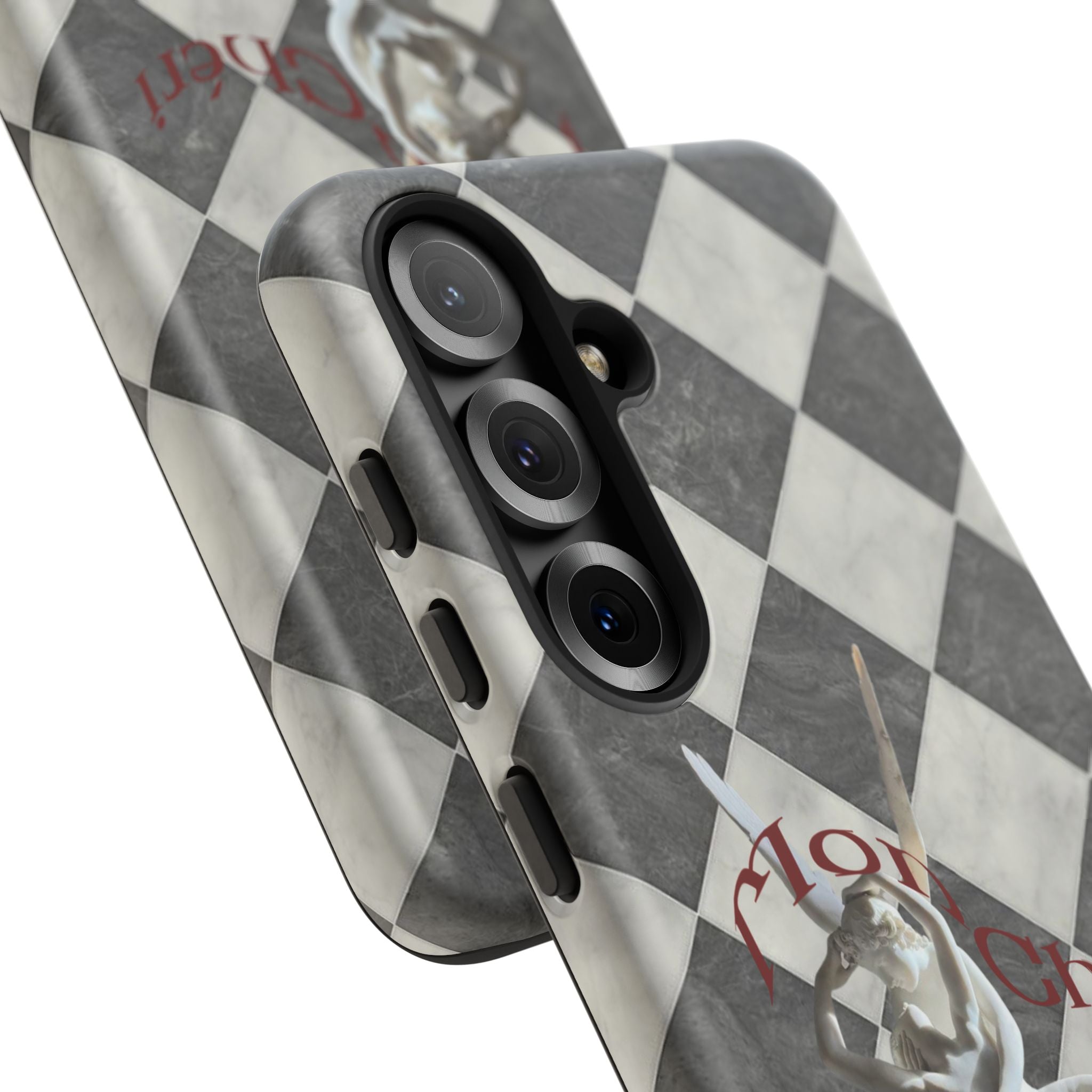 Phone Case — Vintage Harlequin Design with 'Mon Cheri' Statue Accent