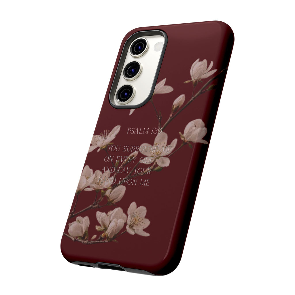 Floral Psalm Tough Phone Case — Burgundy Magnolia Branch with Psalm 139 Verse