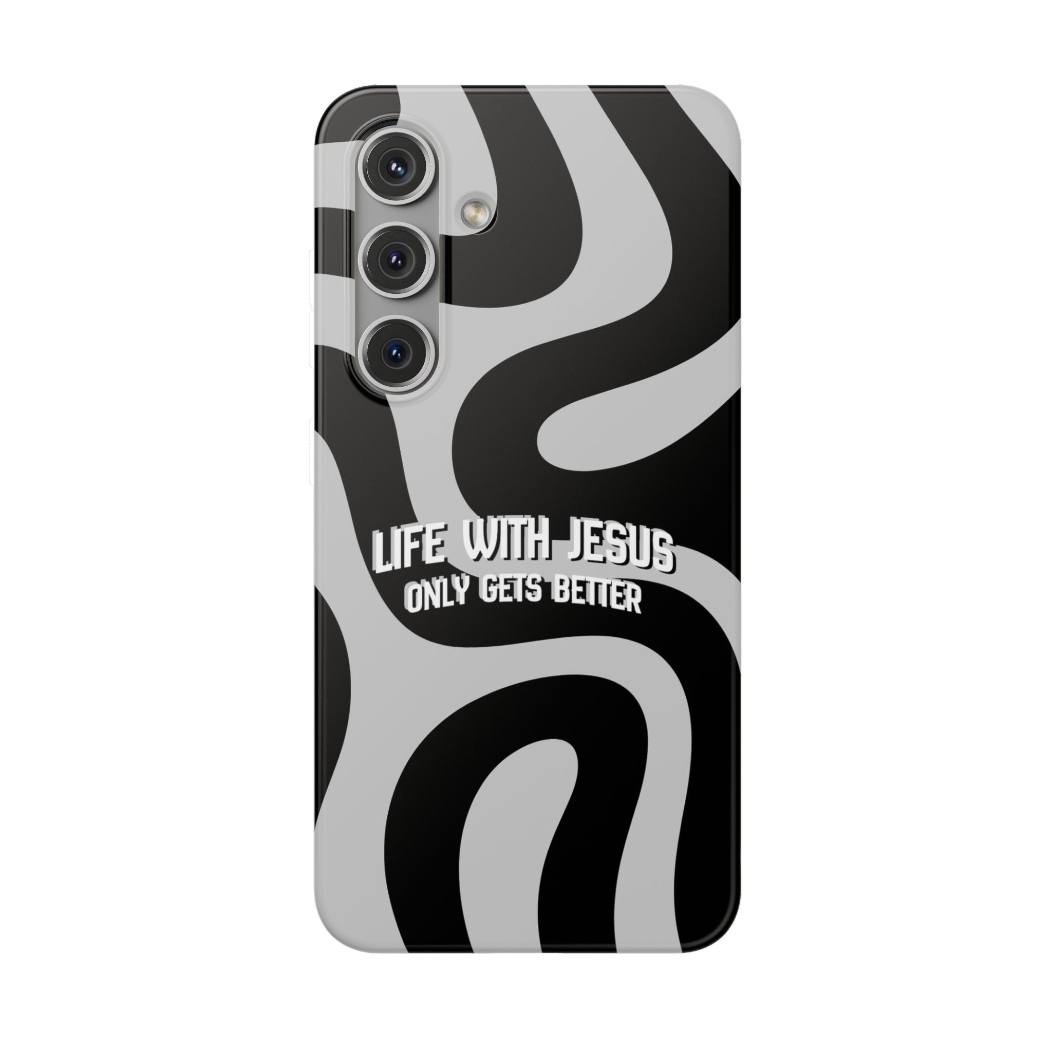Religious Phone Case — "Life With Jesus Only Gets Better" Black & White Swirl Flexi Case