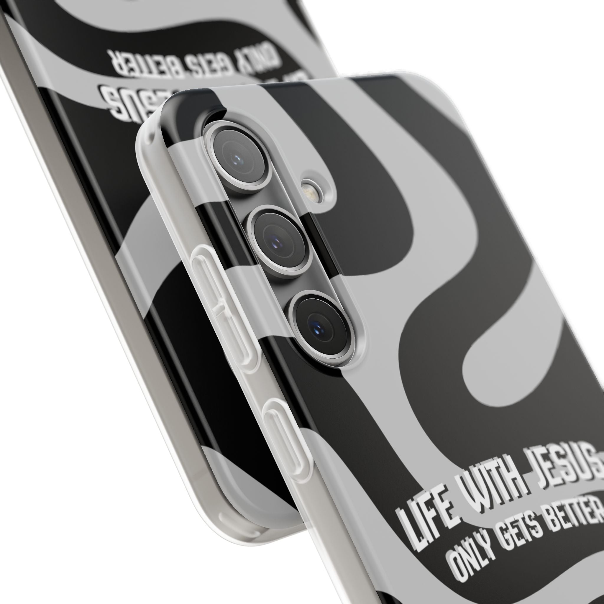 Religious Phone Case — "Life With Jesus Only Gets Better" Black & White Swirl Flexi Case