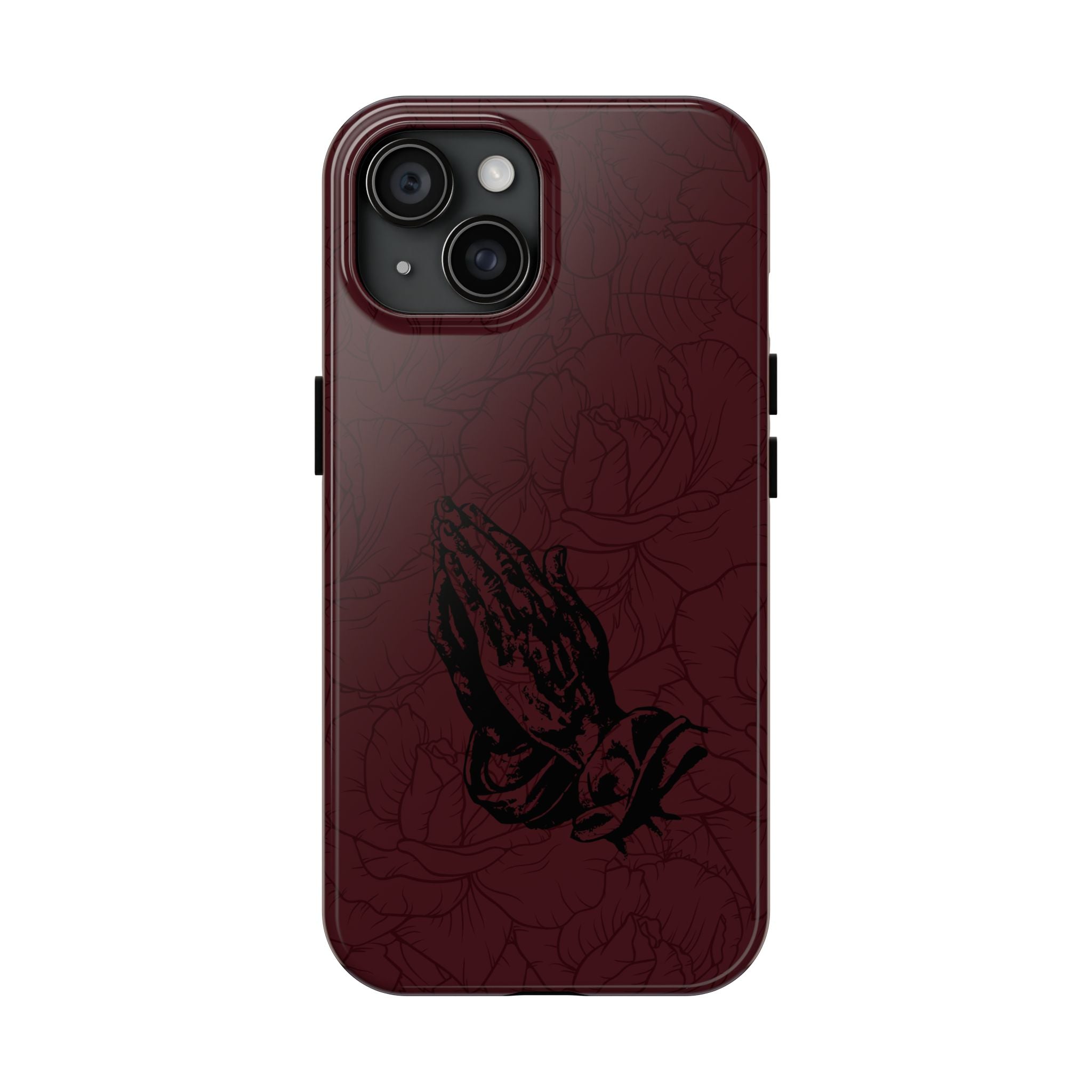 Burgundy Praying Hands Tough Phone Case – Floral Background, Religious Protective Cover