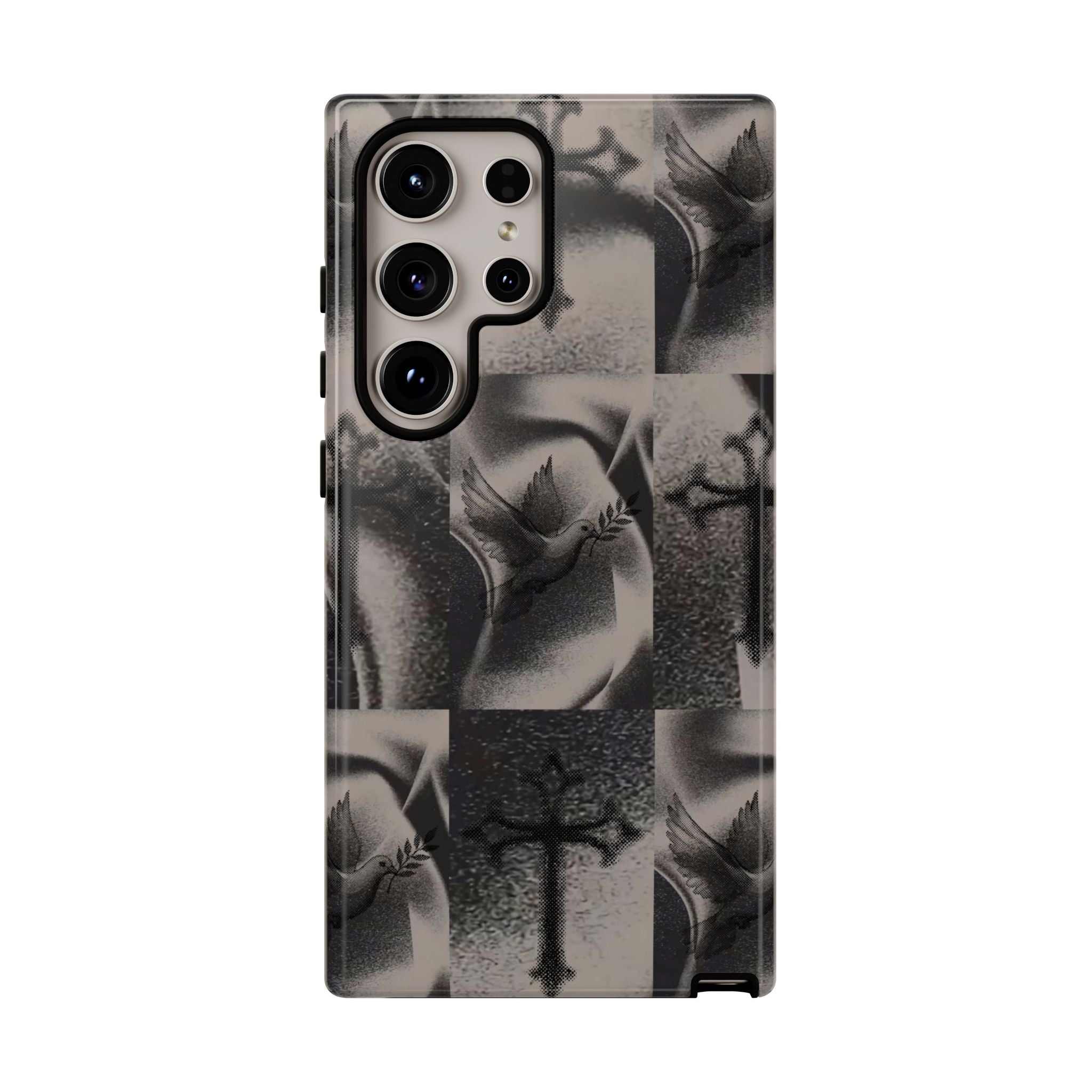 Gothic Cross & Dove Phone Case — Moody Checkerboard Protective Case
