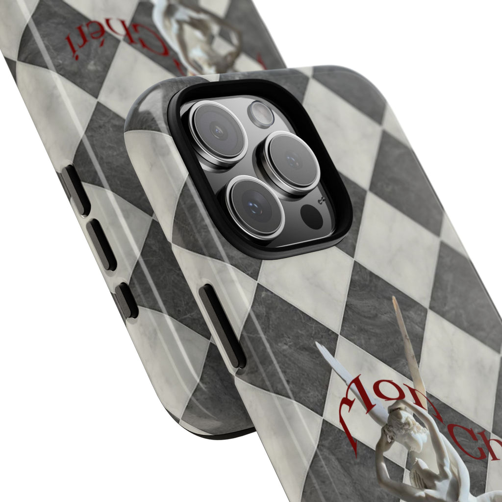 Phone Case — Vintage Harlequin Design with 'Mon Cheri' Statue Accent