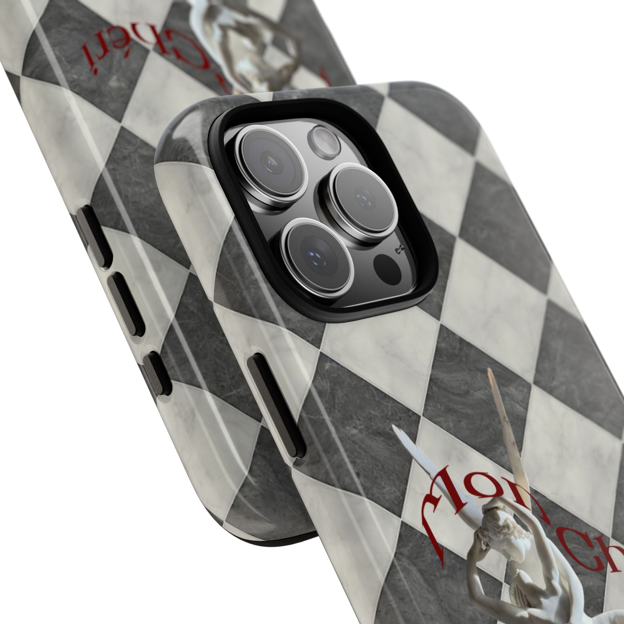 Phone Case — Vintage Harlequin Design with 'Mon Cheri' Statue Accent