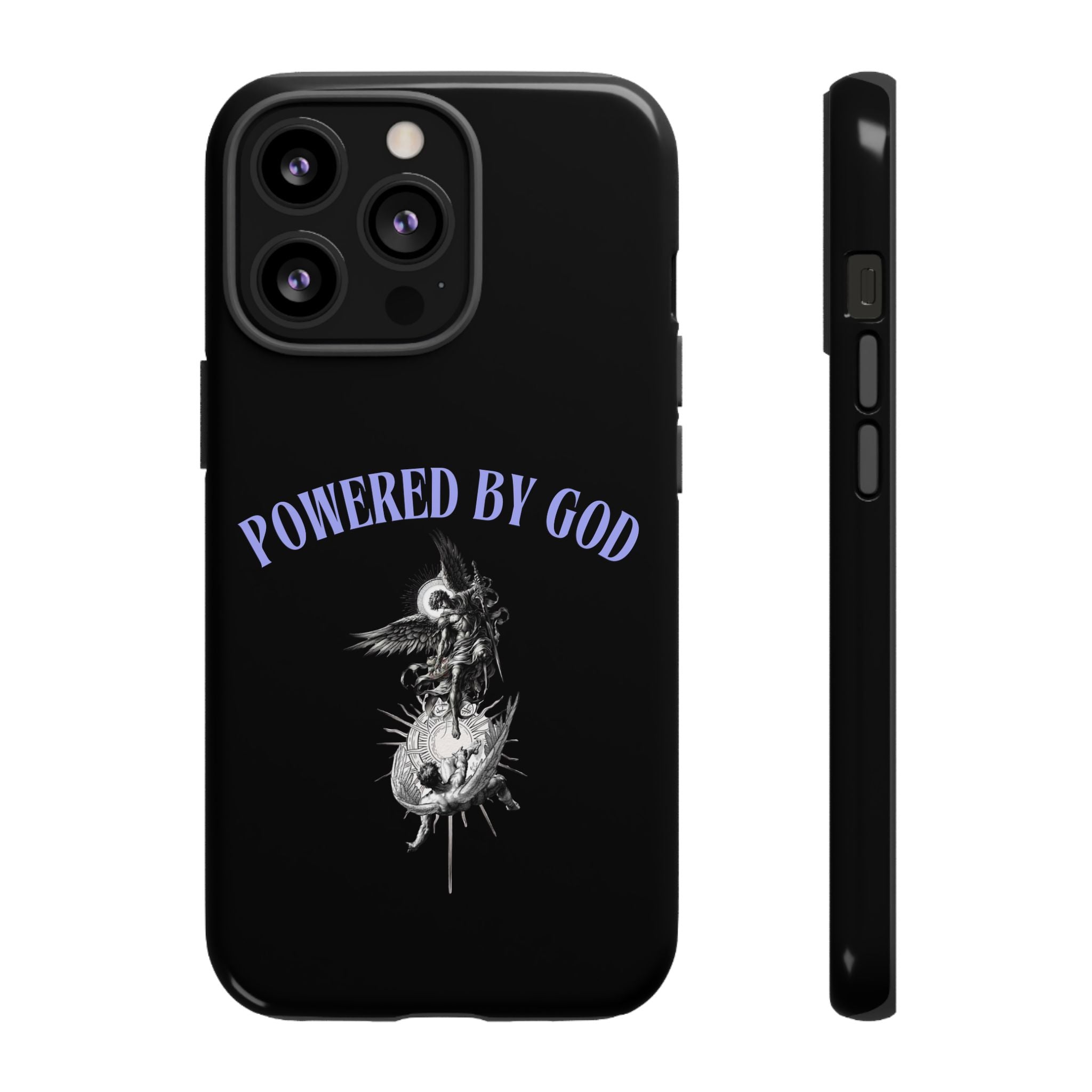 Phone Case — "Powered by God" Black Protective Case with Angelic Skull Design