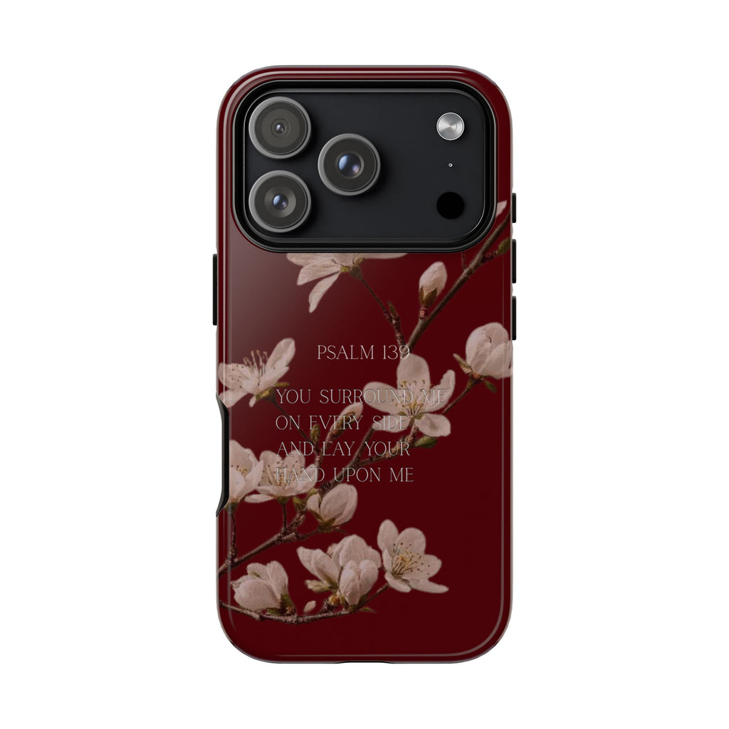 Floral Psalm Tough Phone Case — Burgundy Magnolia Branch with Psalm 139 Verse