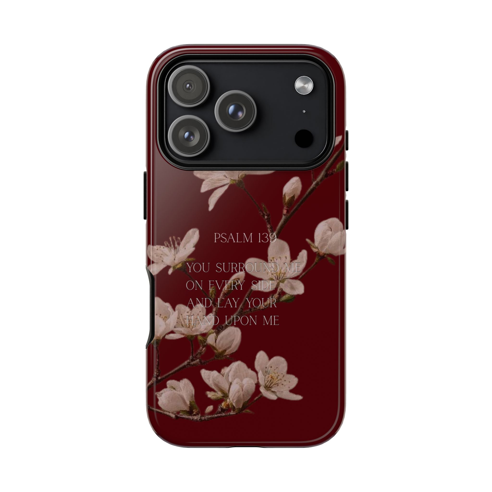 Floral Psalm Tough Phone Case — Burgundy Magnolia Branch with Psalm 139 Verse