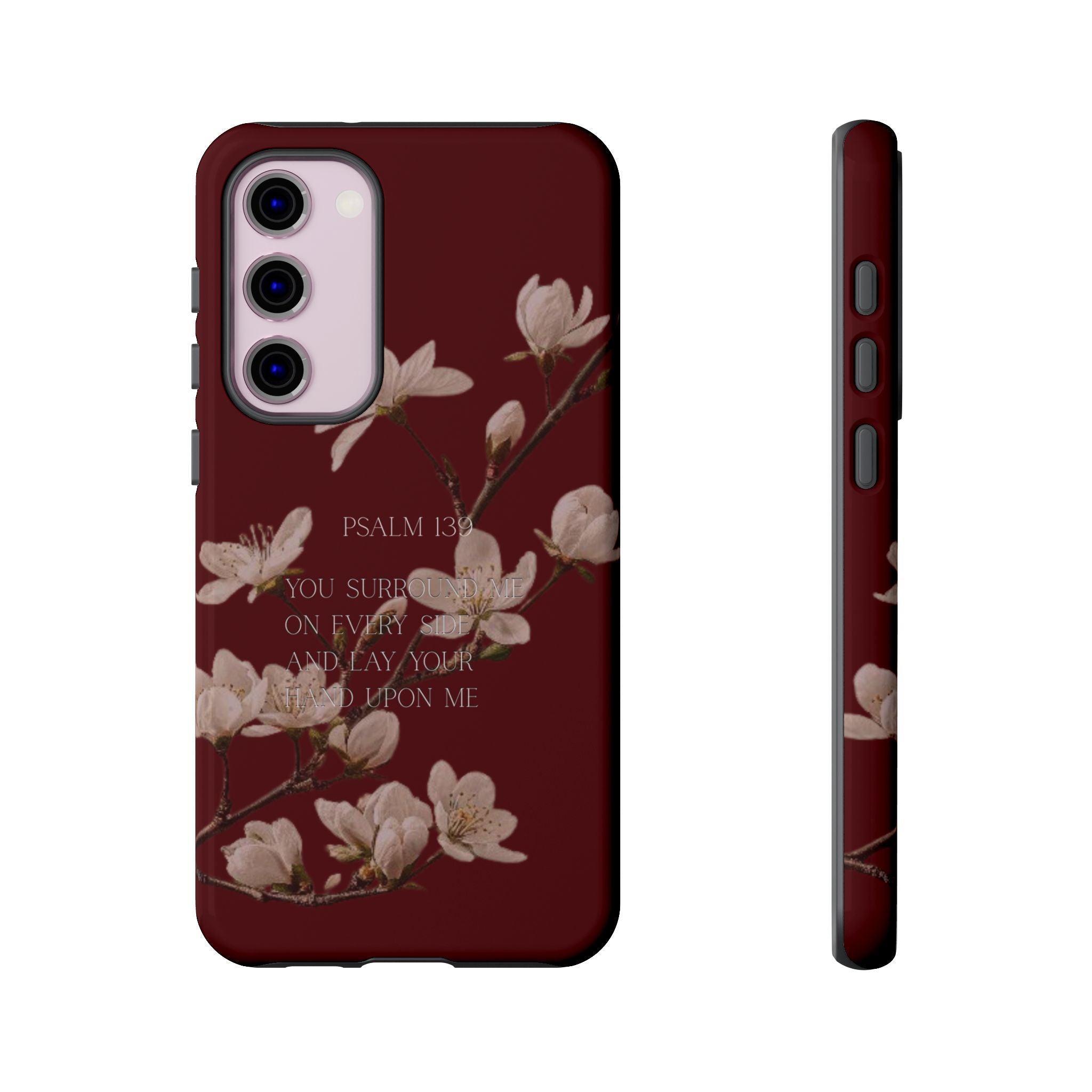 Floral Psalm Tough Phone Case — Burgundy Magnolia Branch with Psalm 139 Verse