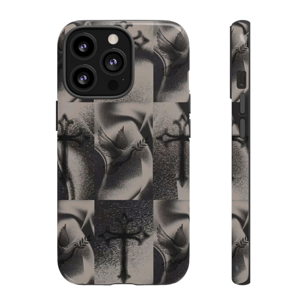 Gothic Cross & Dove Phone Case — Moody Checkerboard Protective Case