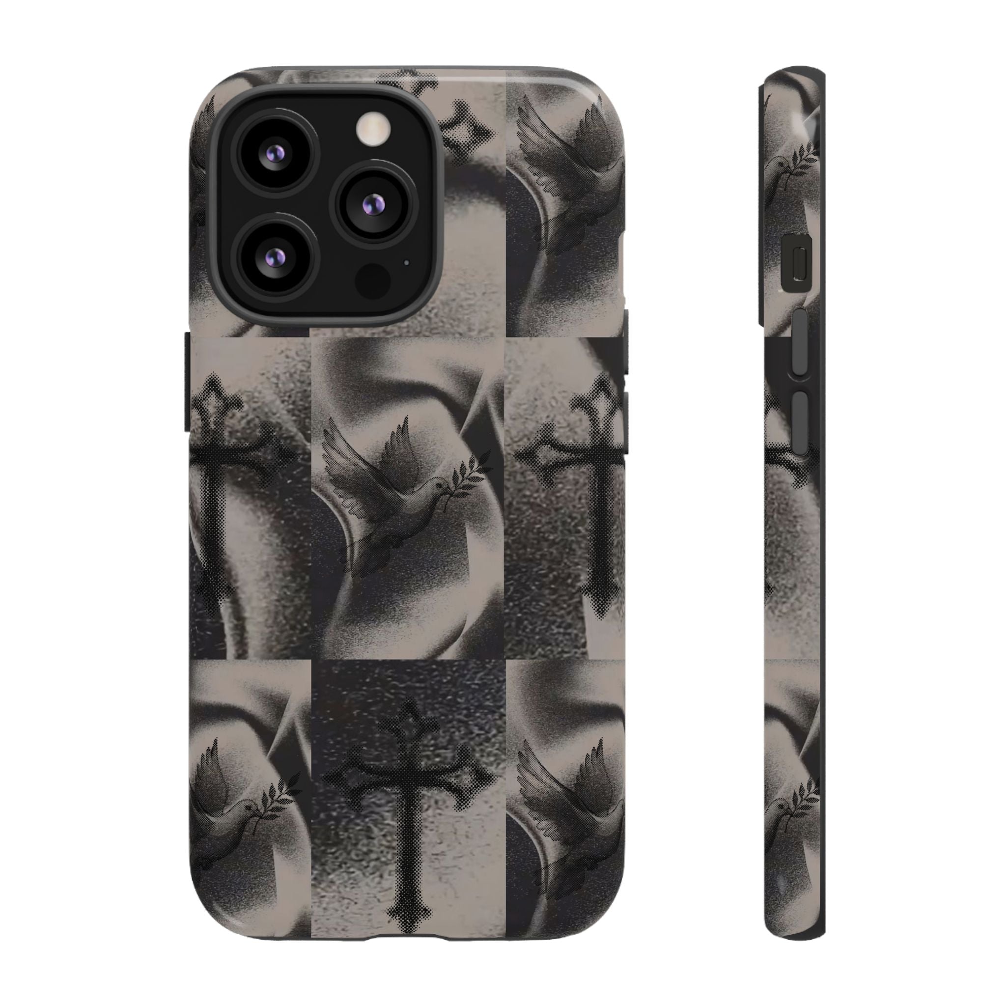 Gothic Cross & Dove Phone Case — Moody Checkerboard Protective Case