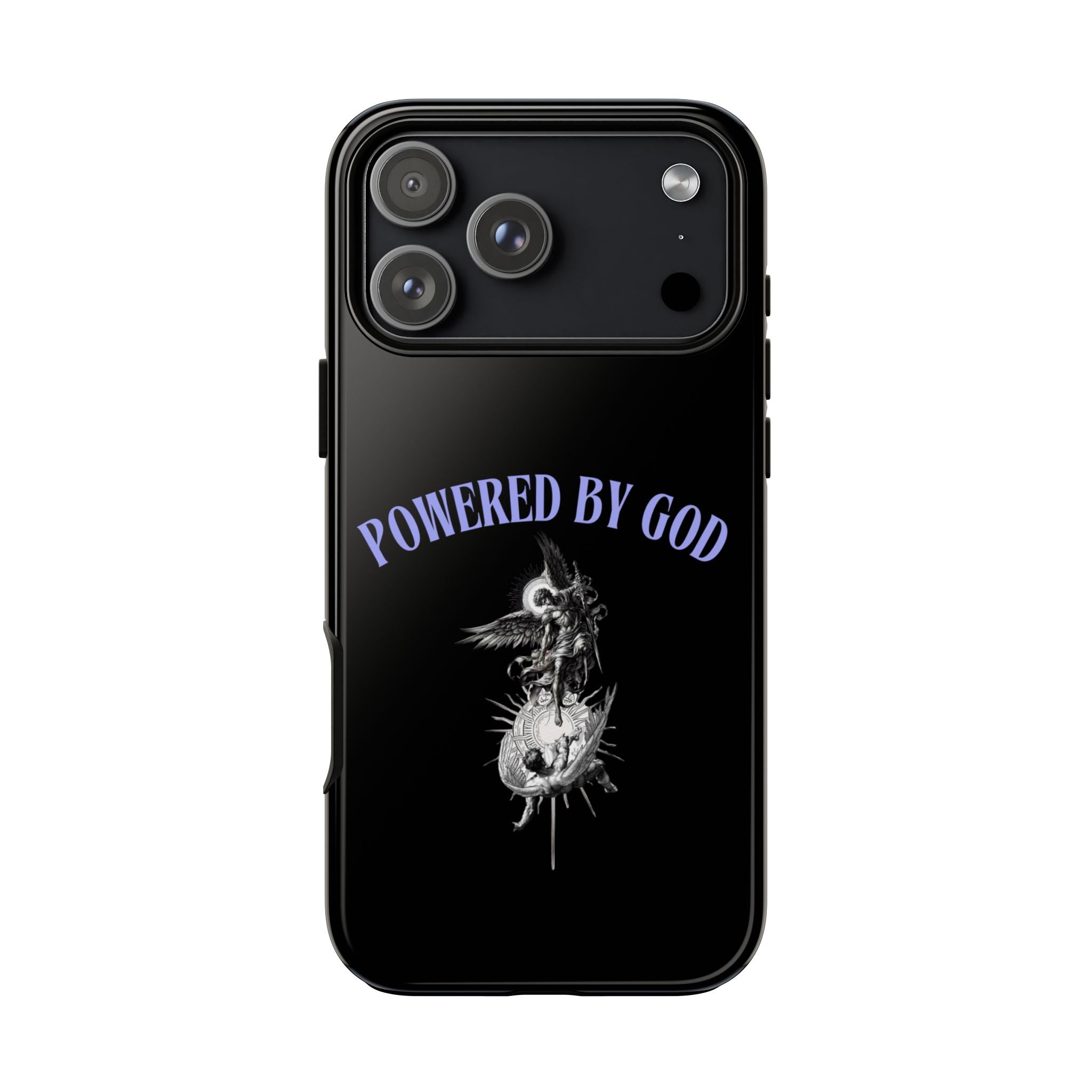 Phone Case — "Powered by God" Black Protective Case with Angelic Skull Design