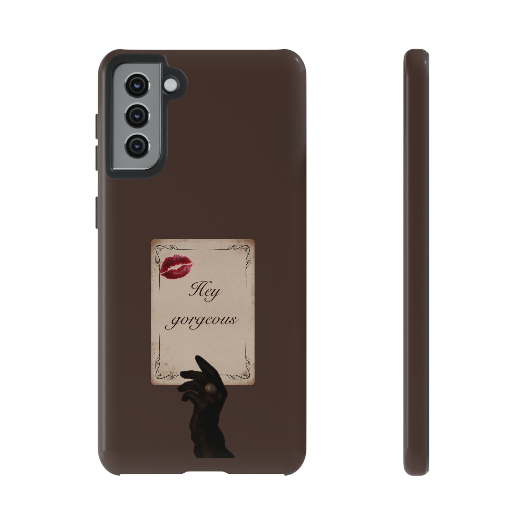 Hey Gorgeous Phone Case — Brown Lip Print & Shadow Hand Protective Cover