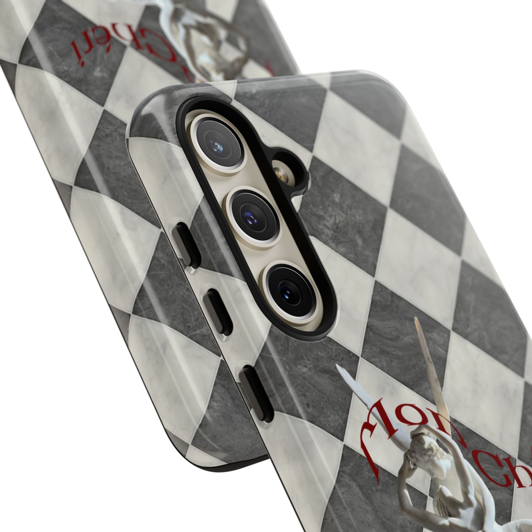 Phone Case — Vintage Harlequin Design with 'Mon Cheri' Statue Accent