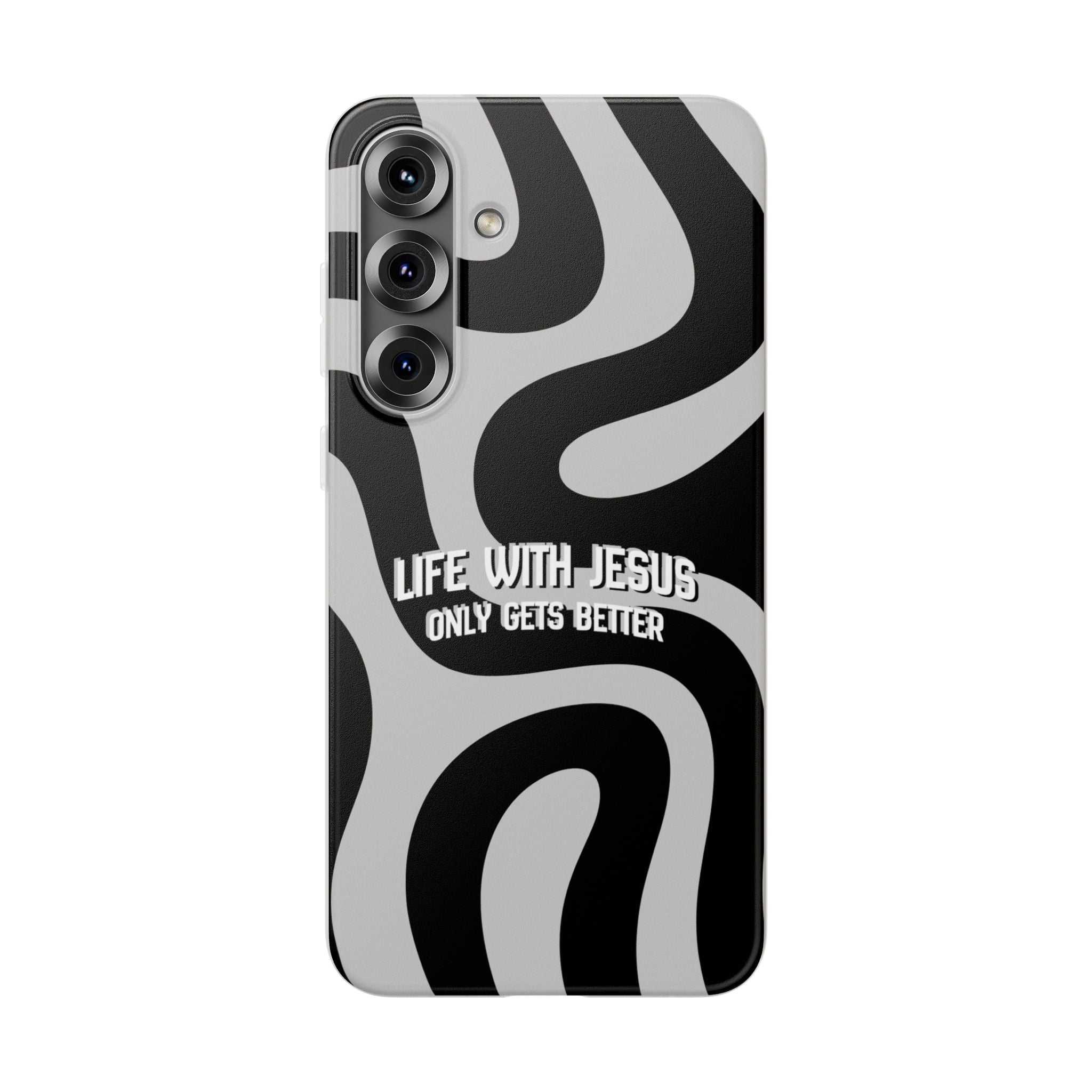 Religious Phone Case — "Life With Jesus Only Gets Better" Black & White Swirl Flexi Case