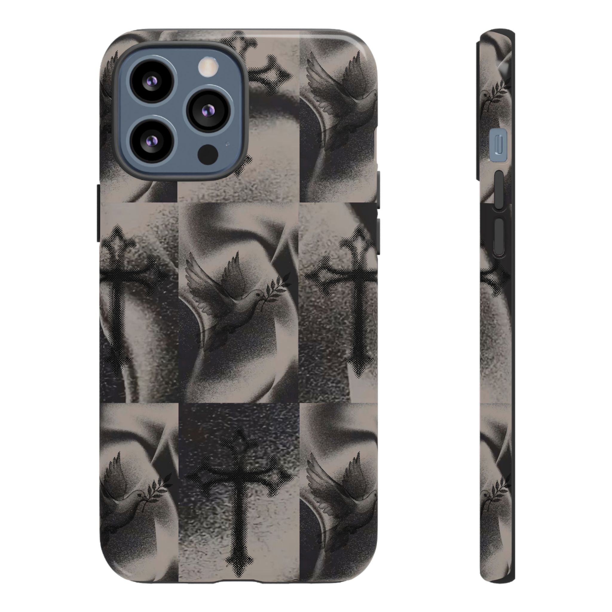 Gothic Cross & Dove Phone Case — Moody Checkerboard Protective Case