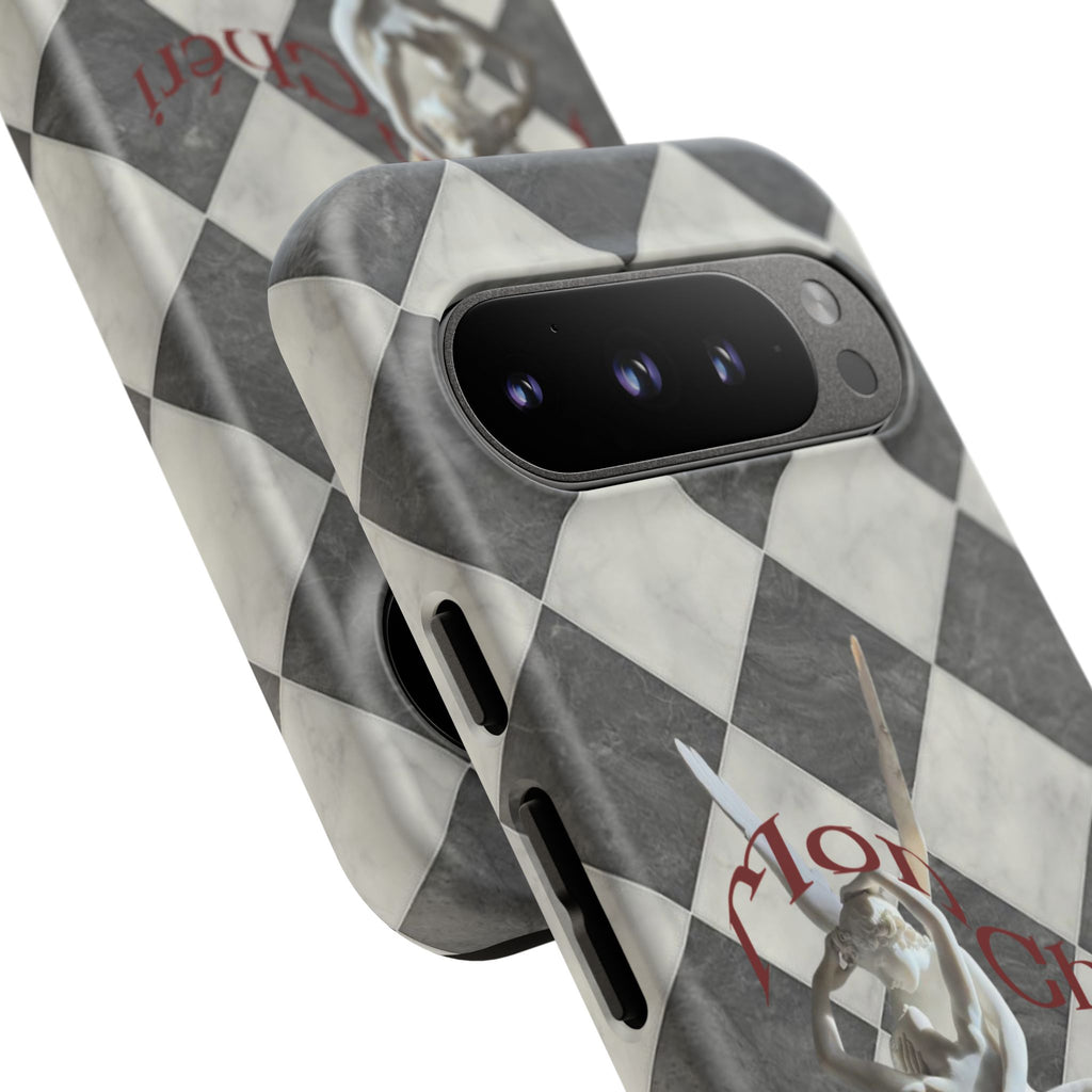 Phone Case — Vintage Harlequin Design with 'Mon Cheri' Statue Accent