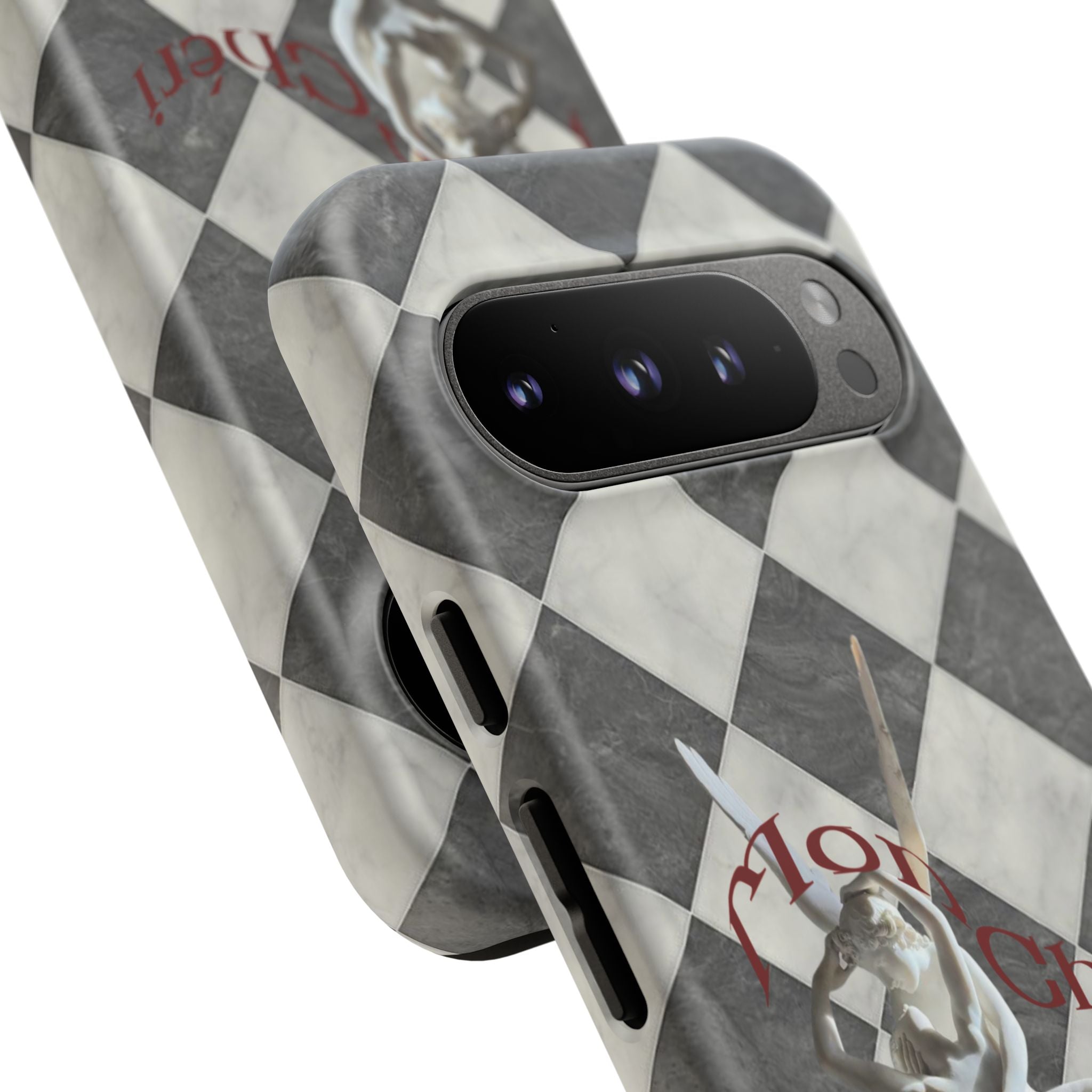 Phone Case — Vintage Harlequin Design with 'Mon Cheri' Statue Accent