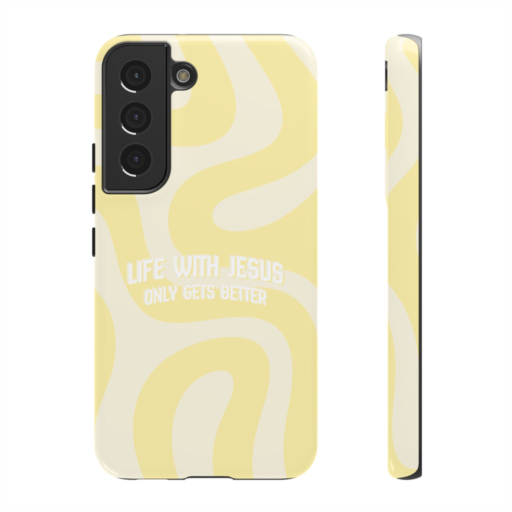 Yellow Swirl Phone Case - "Life With Jesus Only Gets Better" Christian iPhone Cover Tough Case