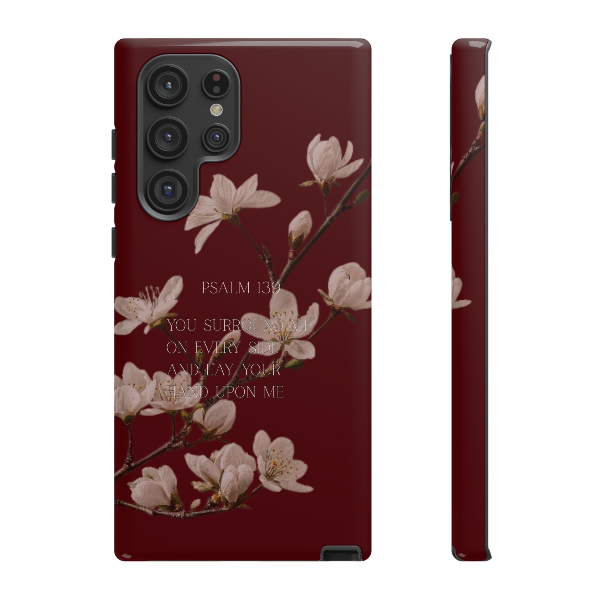 Floral Psalm Tough Phone Case — Burgundy Magnolia Branch with Psalm 139 Verse