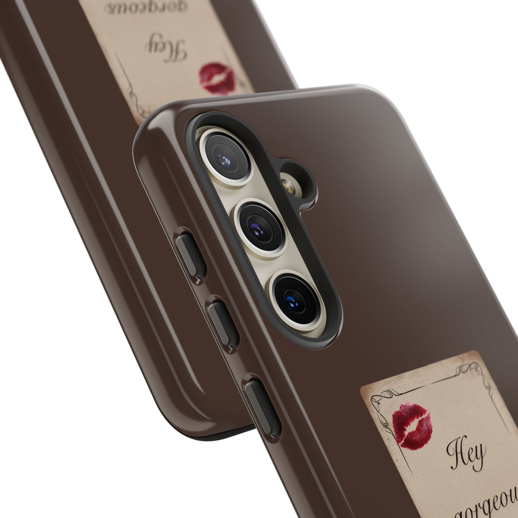 Hey Gorgeous Phone Case — Brown Lip Print & Shadow Hand Protective Cover
