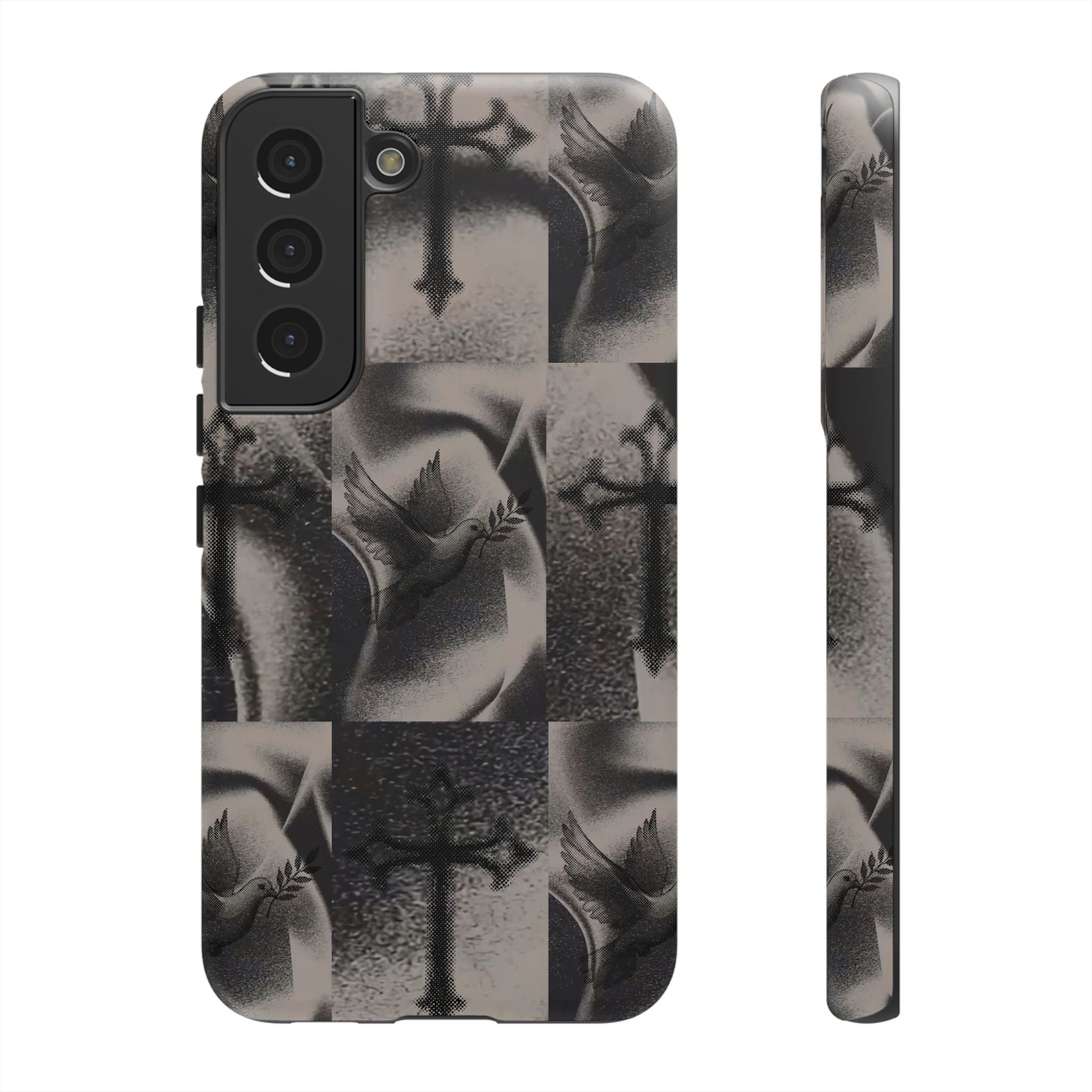 Gothic Cross & Dove Phone Case — Moody Checkerboard Protective Case