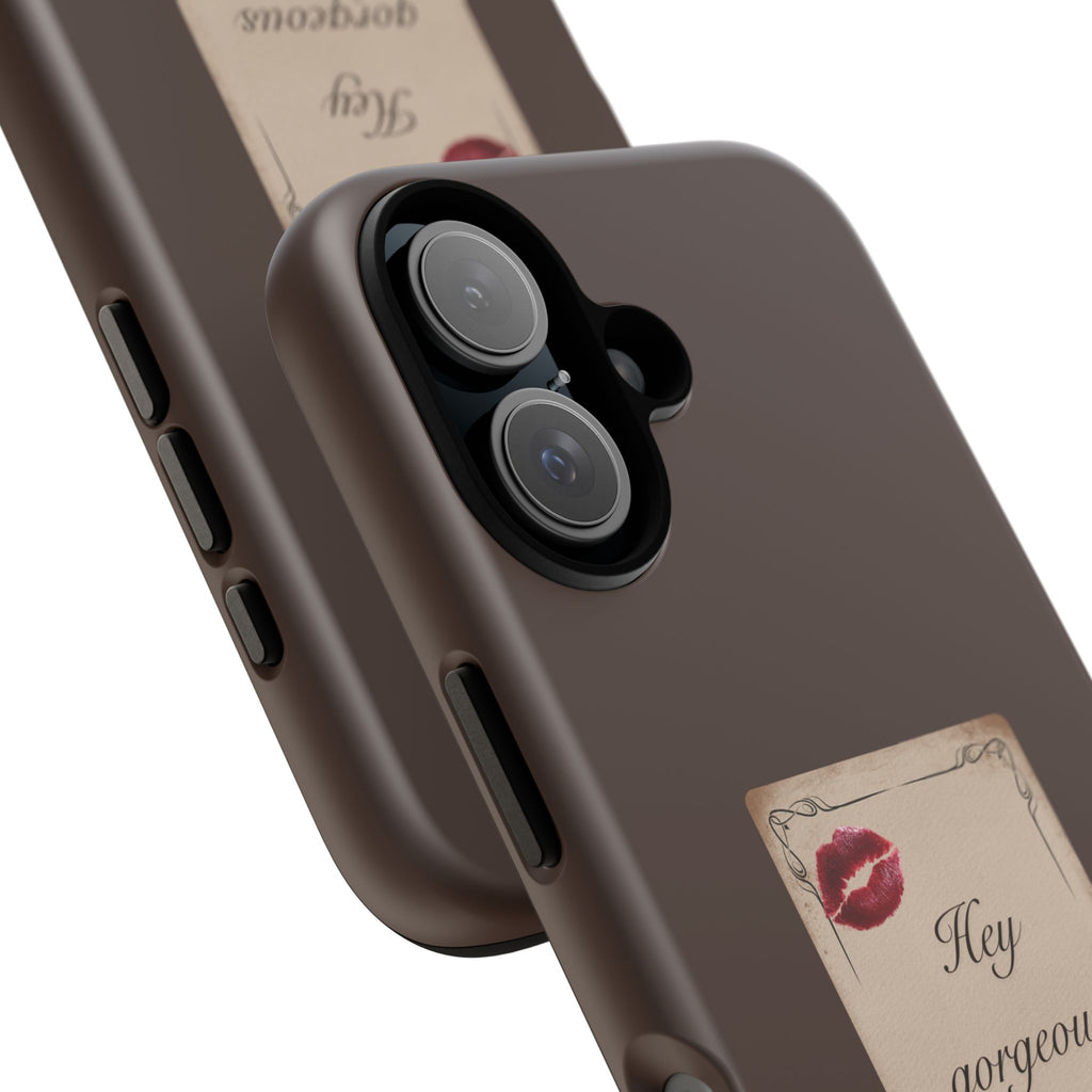 Hey Gorgeous Phone Case — Brown Lip Print & Shadow Hand Protective Cover
