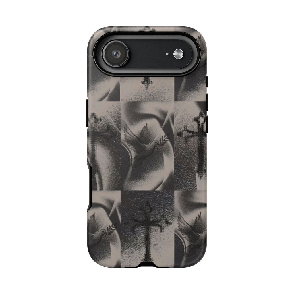 Gothic Cross & Dove Phone Case — Moody Checkerboard Protective Case
