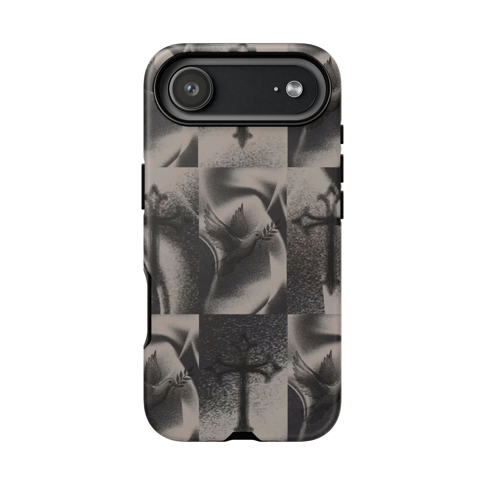 Gothic Cross & Dove Phone Case — Moody Checkerboard Protective Case