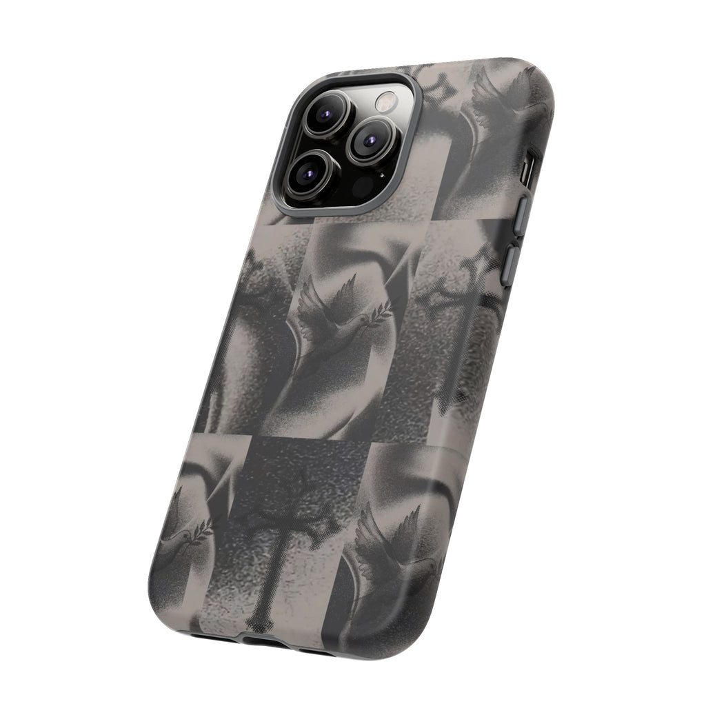 Gothic Cross & Dove Phone Case — Moody Checkerboard Protective Case