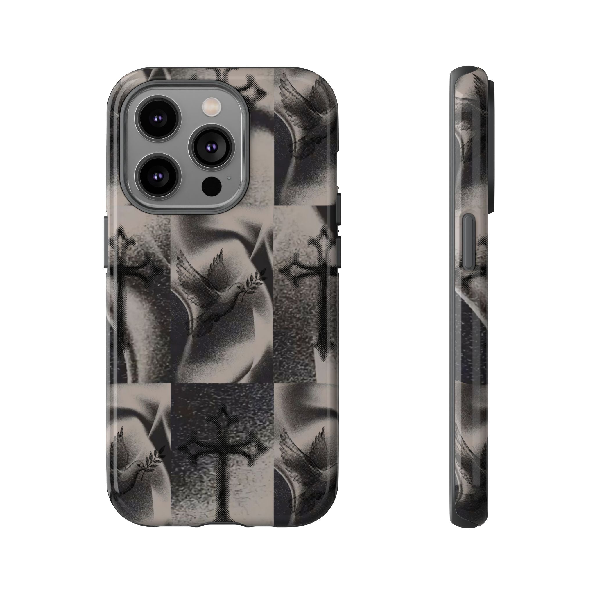 Gothic Cross & Dove Phone Case — Moody Checkerboard Protective Case