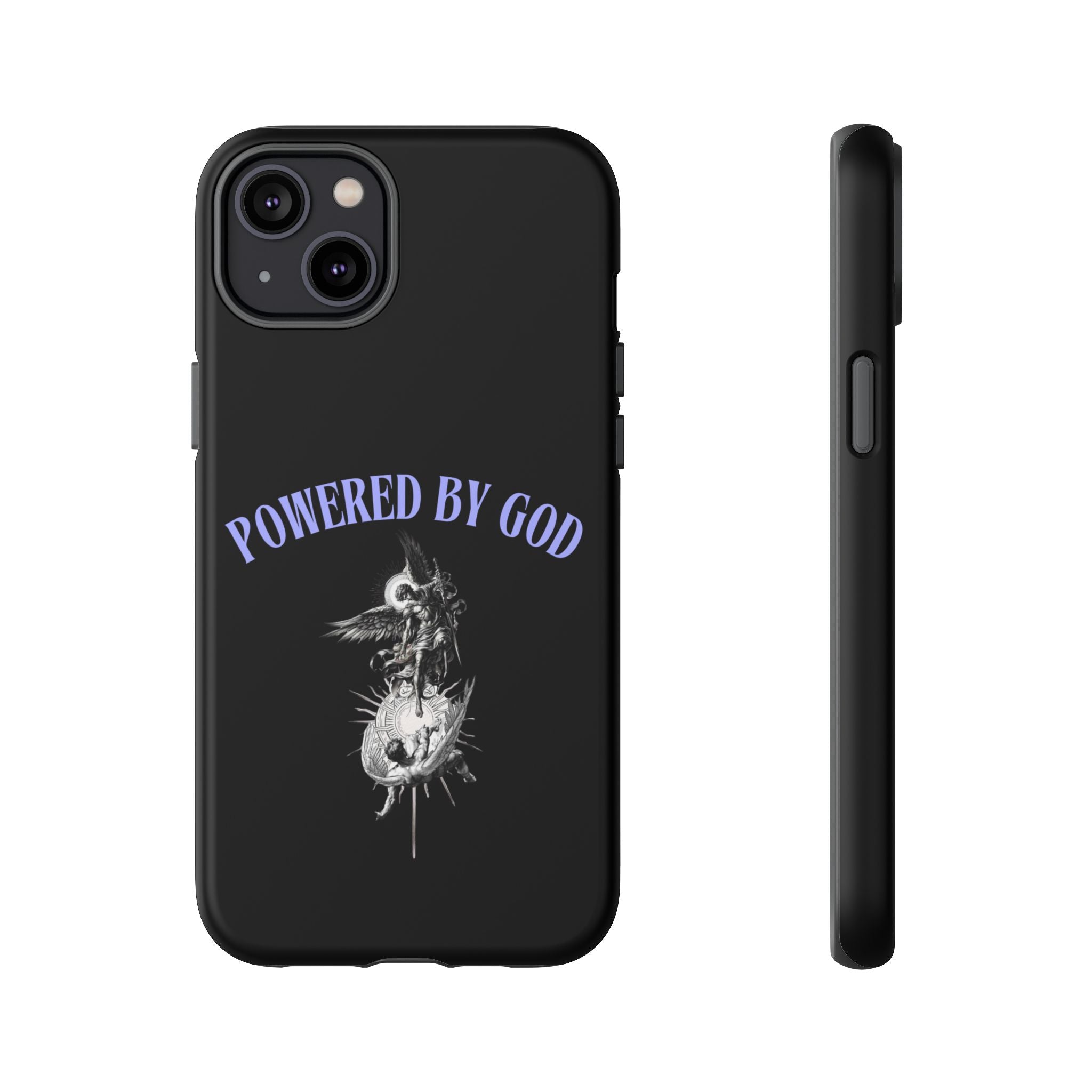 Phone Case — "Powered by God" Black Protective Case with Angelic Skull Design