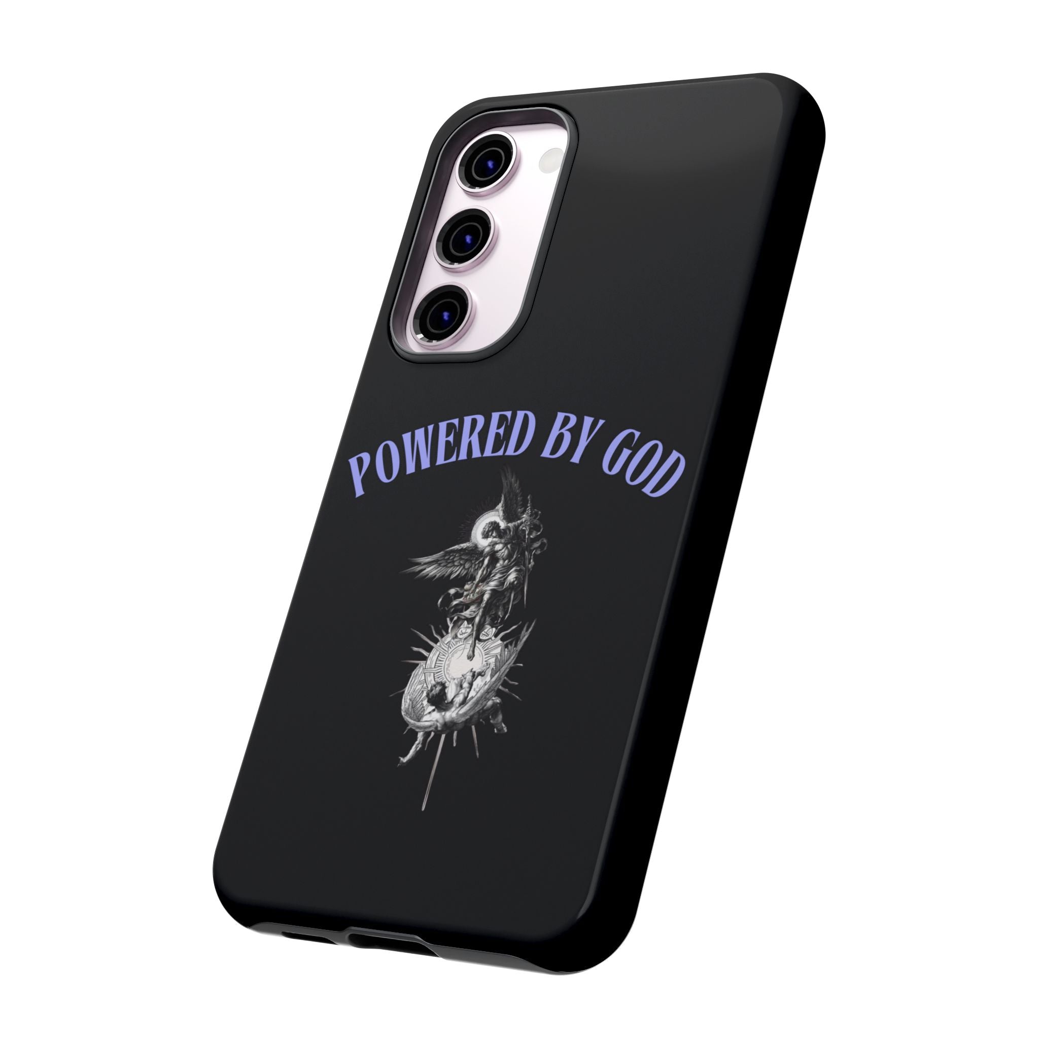 Phone Case — "Powered by God" Black Protective Case with Angelic Skull Design