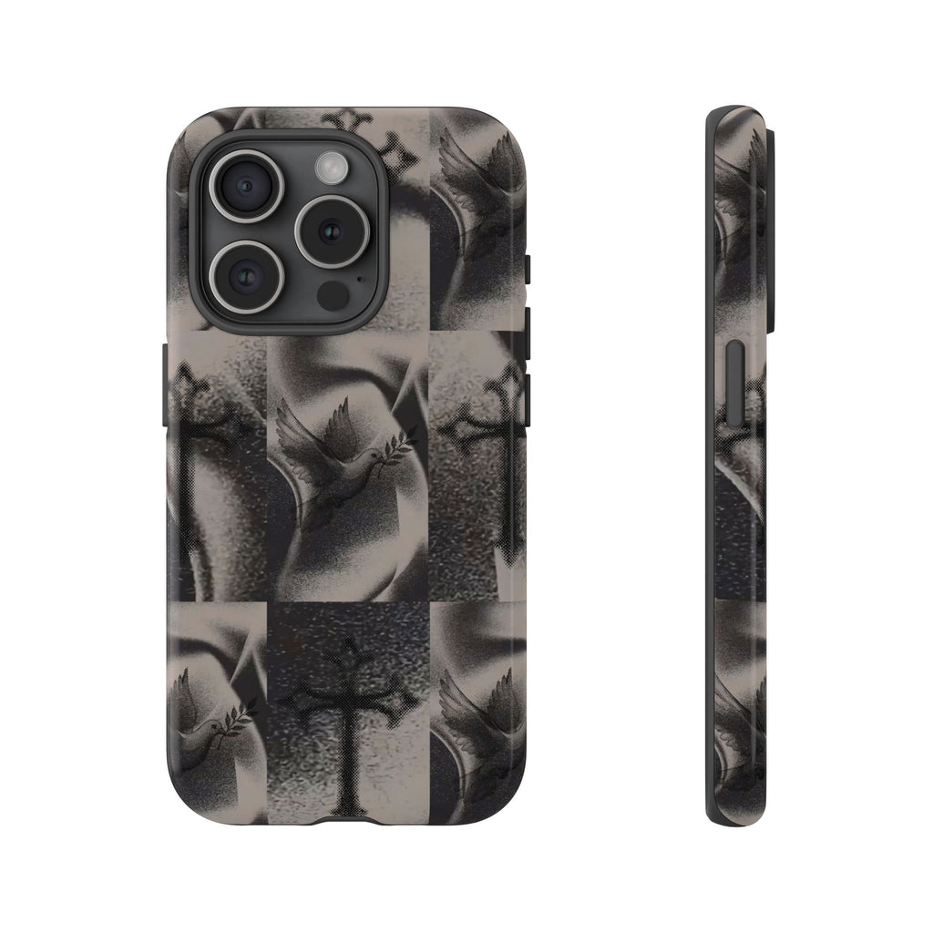 Gothic Cross & Dove Phone Case — Moody Checkerboard Protective Case