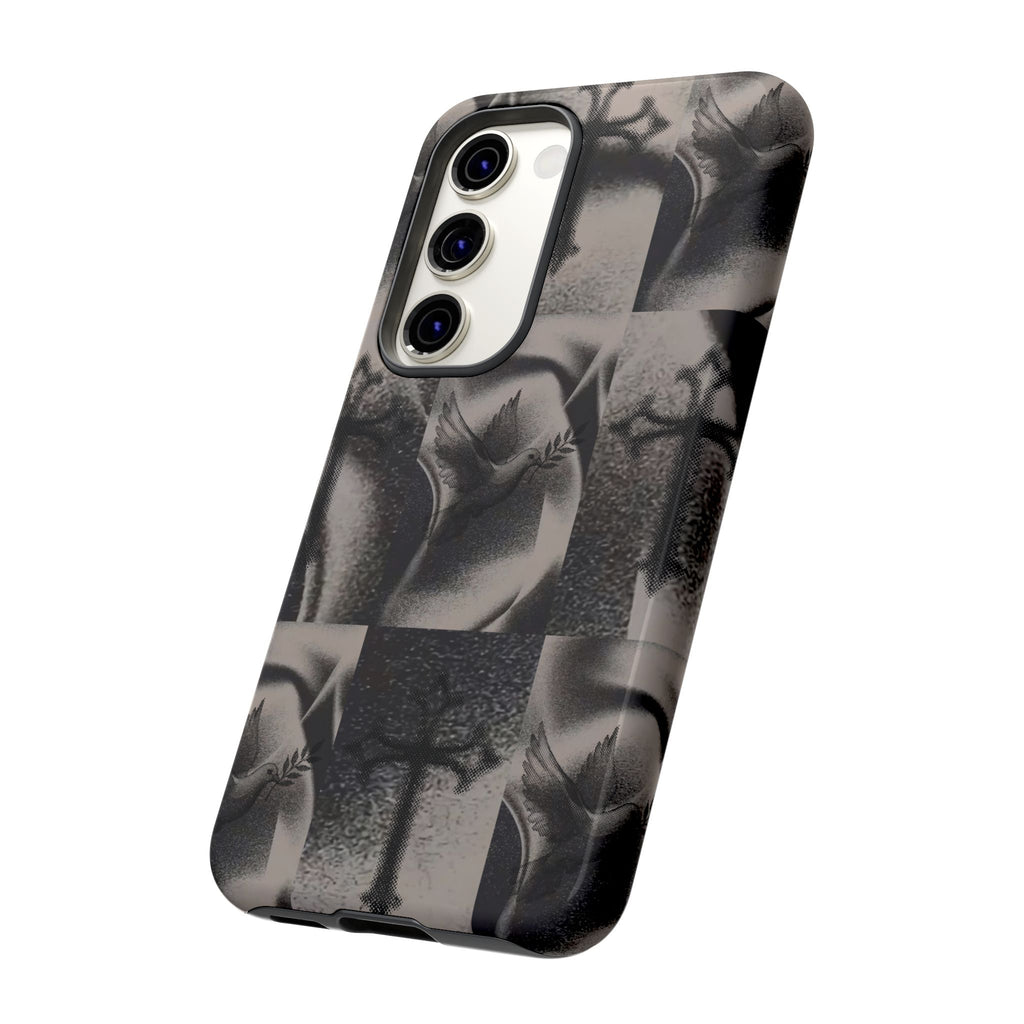 Gothic Cross & Dove Phone Case — Moody Checkerboard Protective Case