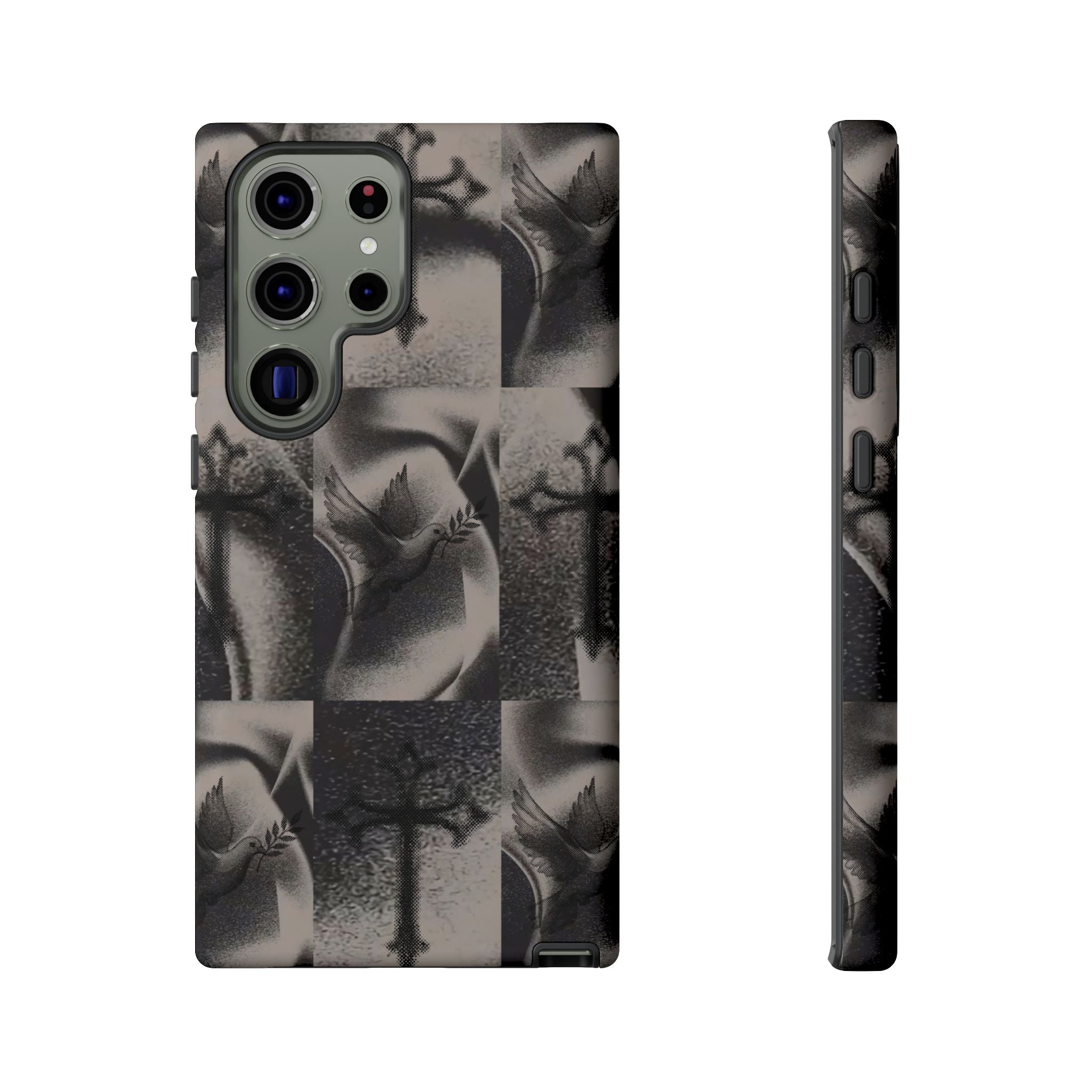 Gothic Cross & Dove Phone Case — Moody Checkerboard Protective Case