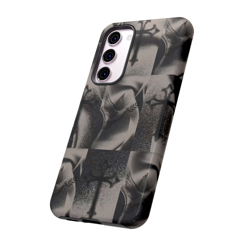 Gothic Cross & Dove Phone Case — Moody Checkerboard Protective Case