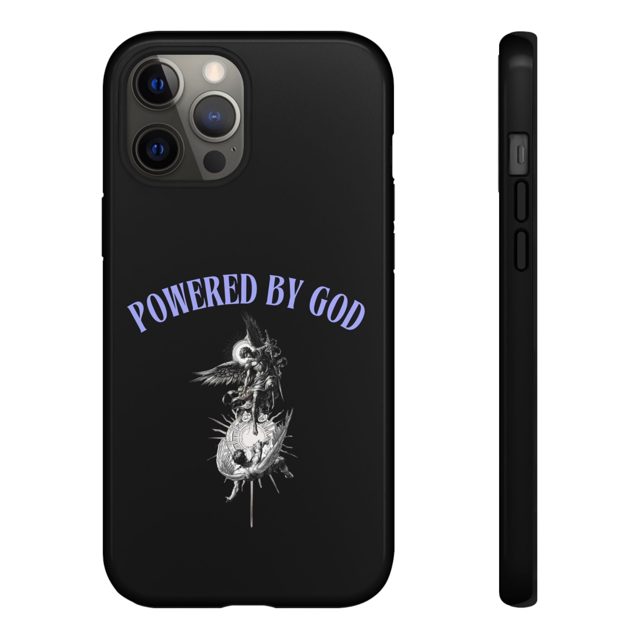 Phone Case — "Powered by God" Black Protective Case with Angelic Skull Design
