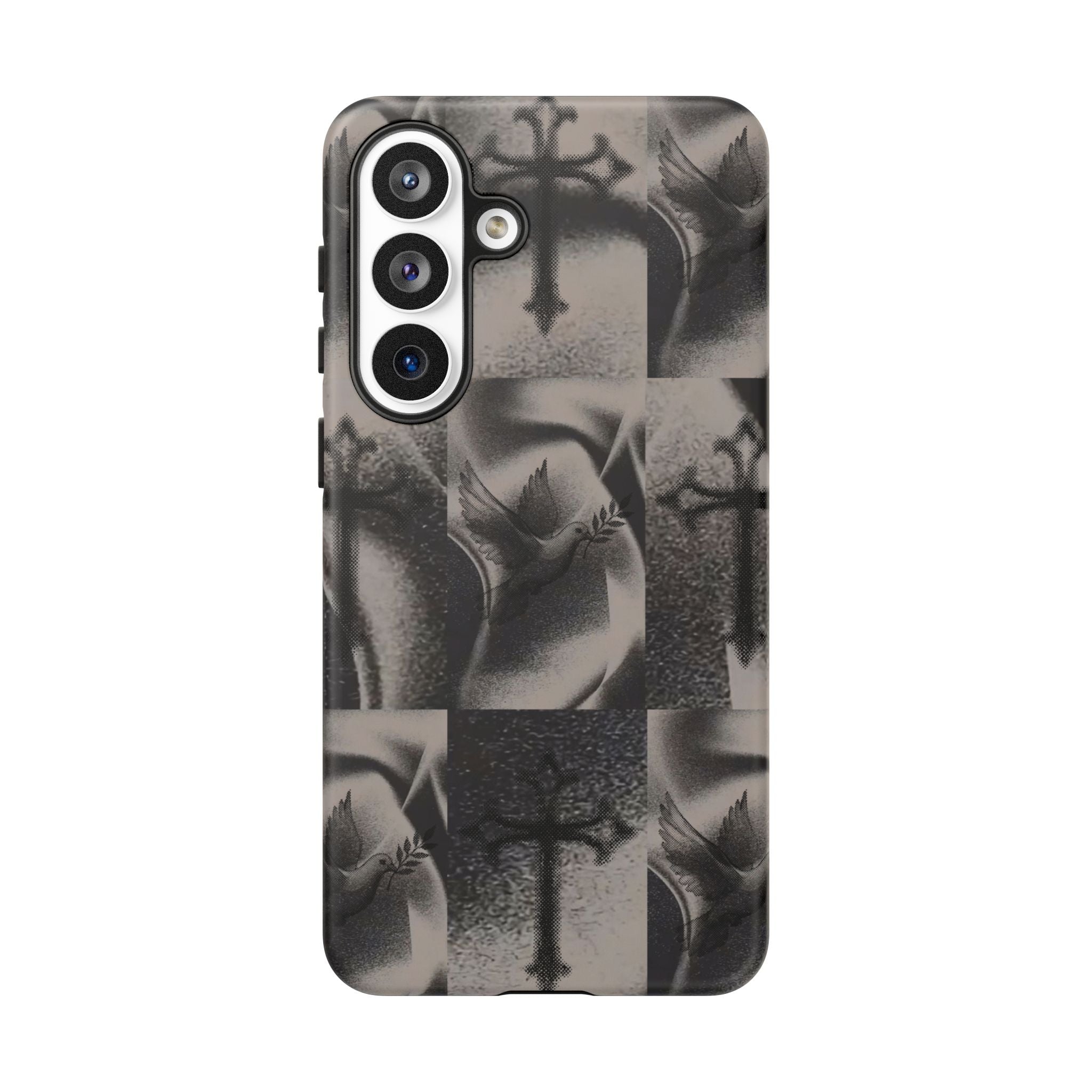 Gothic Cross & Dove Phone Case — Moody Checkerboard Protective Case