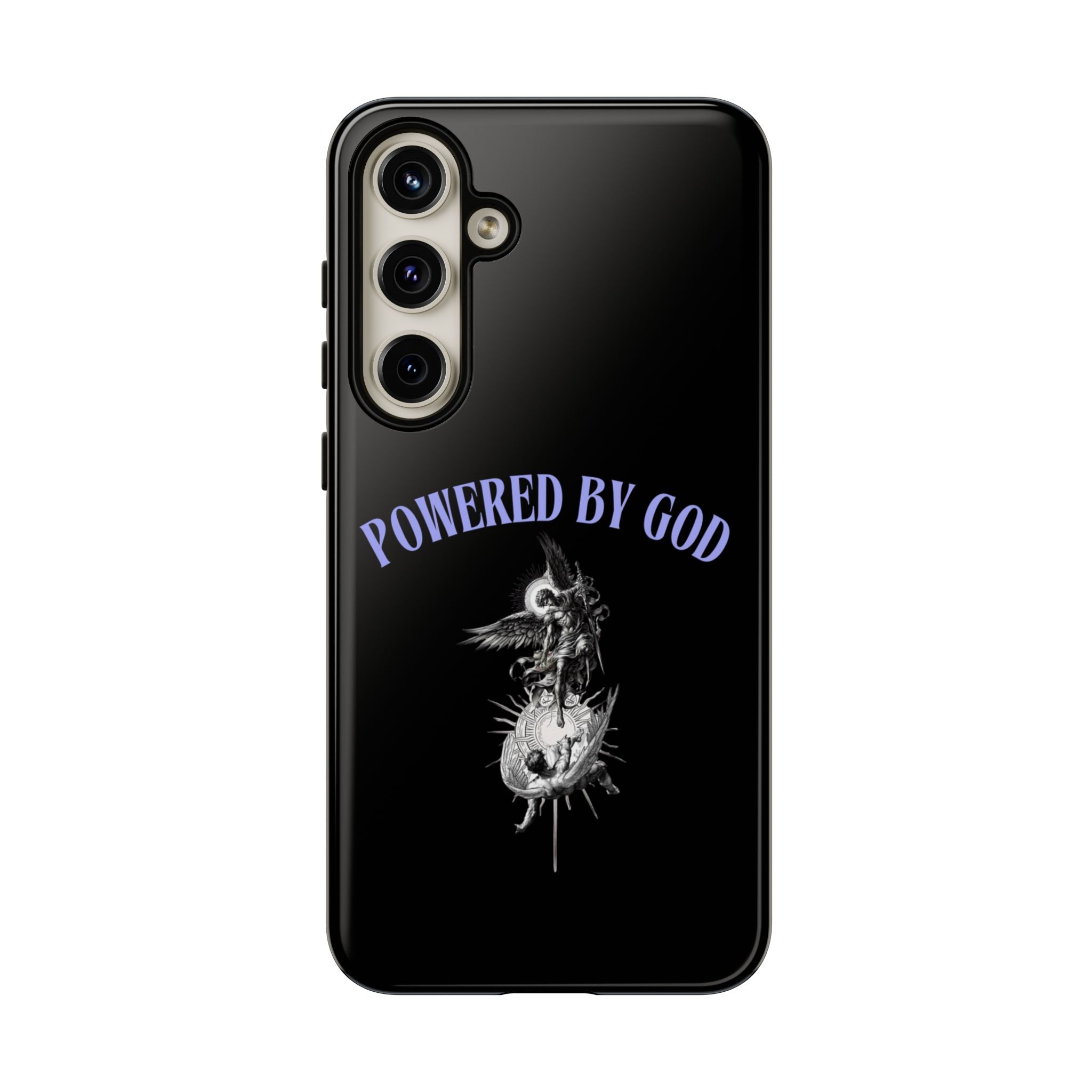 Phone Case — "Powered by God" Black Protective Case with Angelic Skull Design