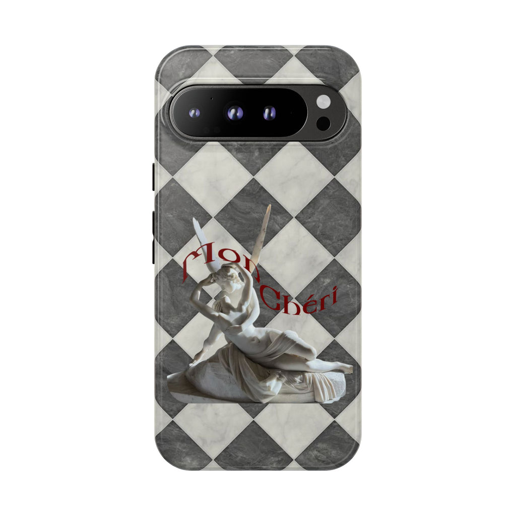 Phone Case — Vintage Harlequin Design with 'Mon Cheri' Statue Accent