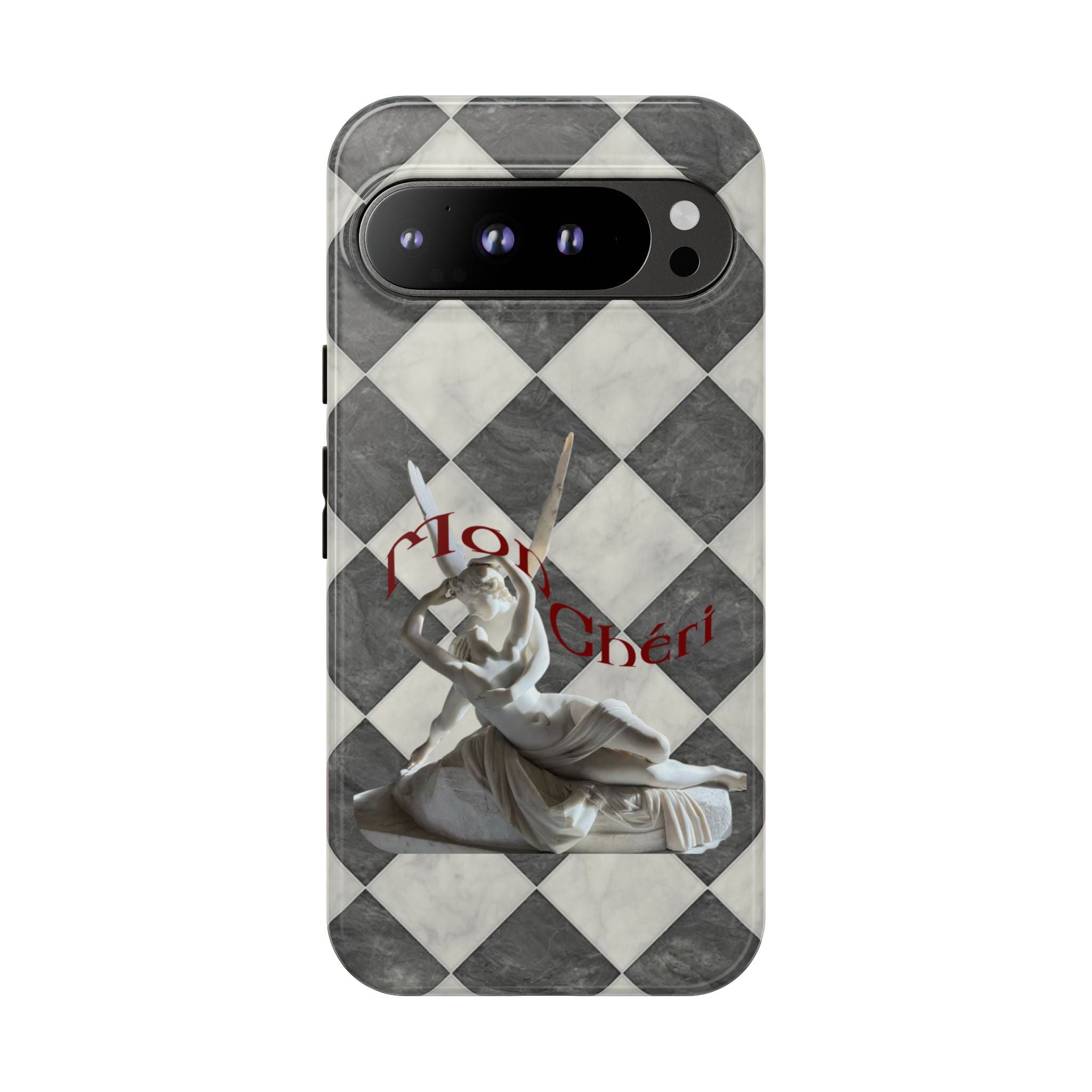 Phone Case — Vintage Harlequin Design with 'Mon Cheri' Statue Accent