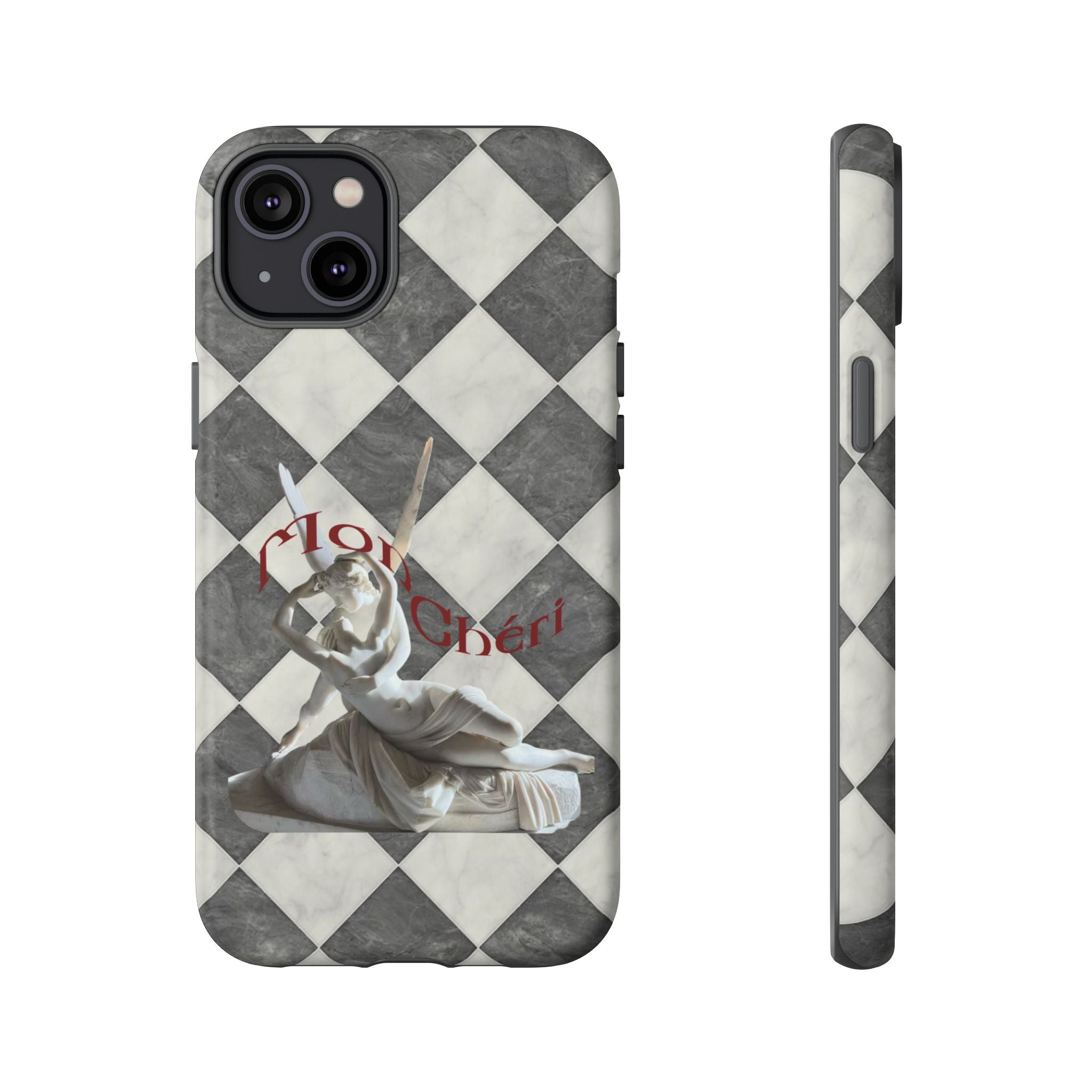 Phone Case — Vintage Harlequin Design with 'Mon Cheri' Statue Accent