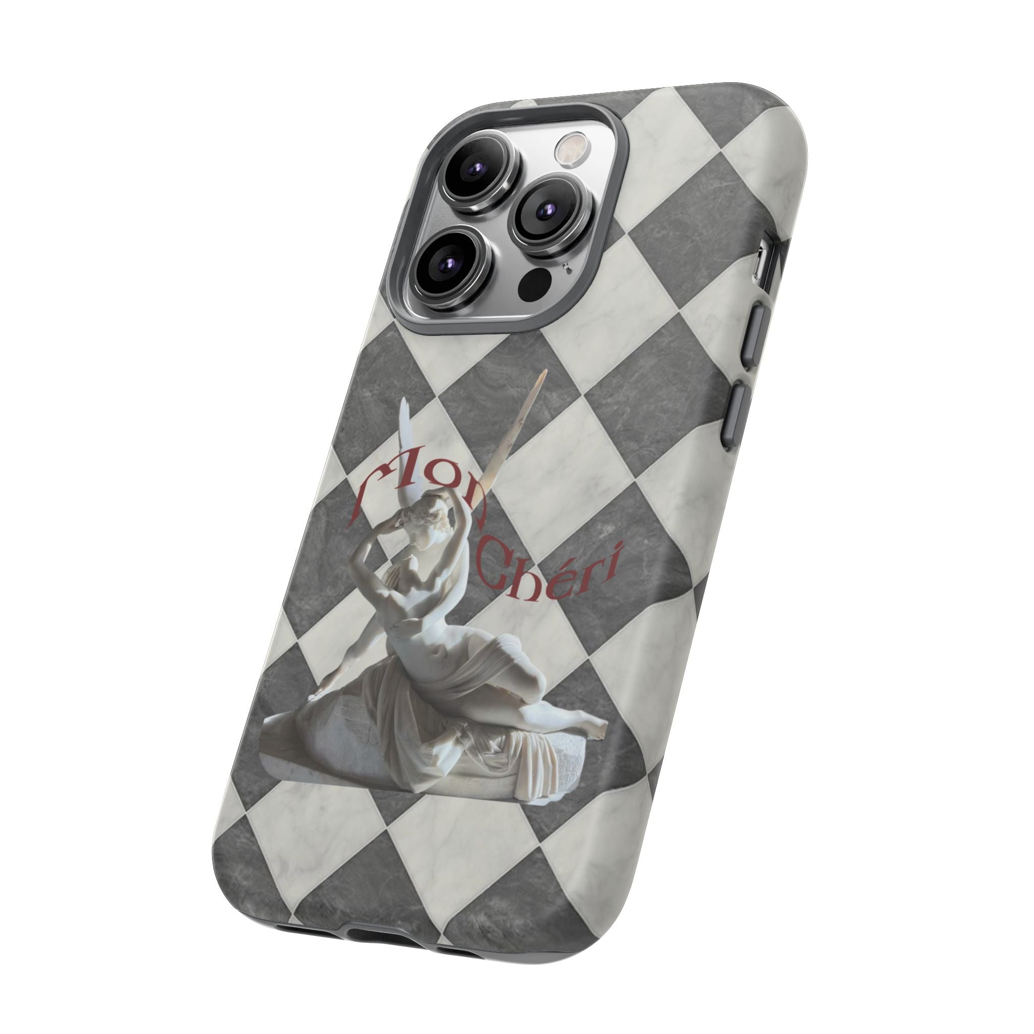 Phone Case — Vintage Harlequin Design with 'Mon Cheri' Statue Accent